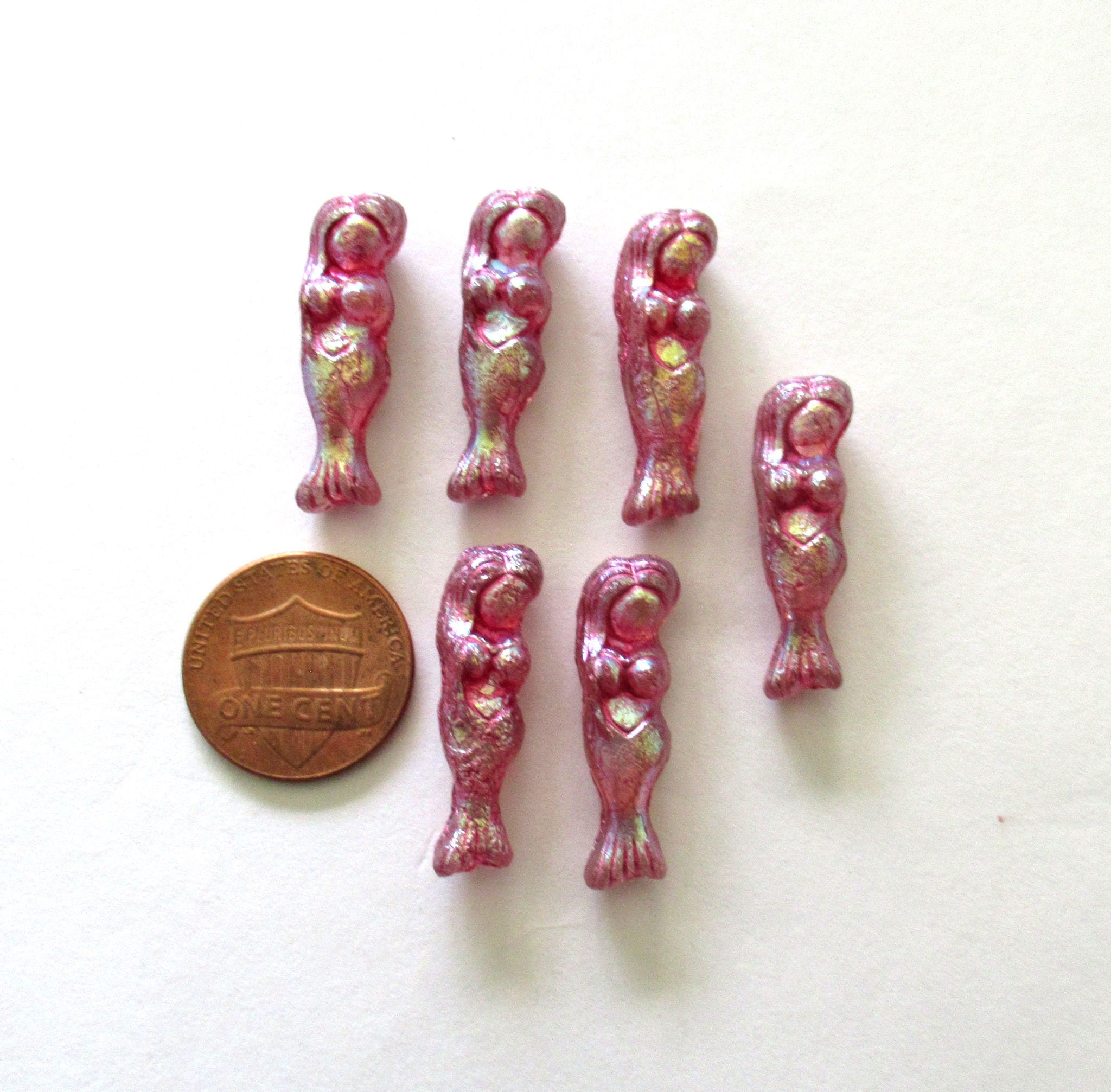 6 Czech glass mermaid or goddess beads - 25 x 5mm clear beads with a pink ab wash - C00442