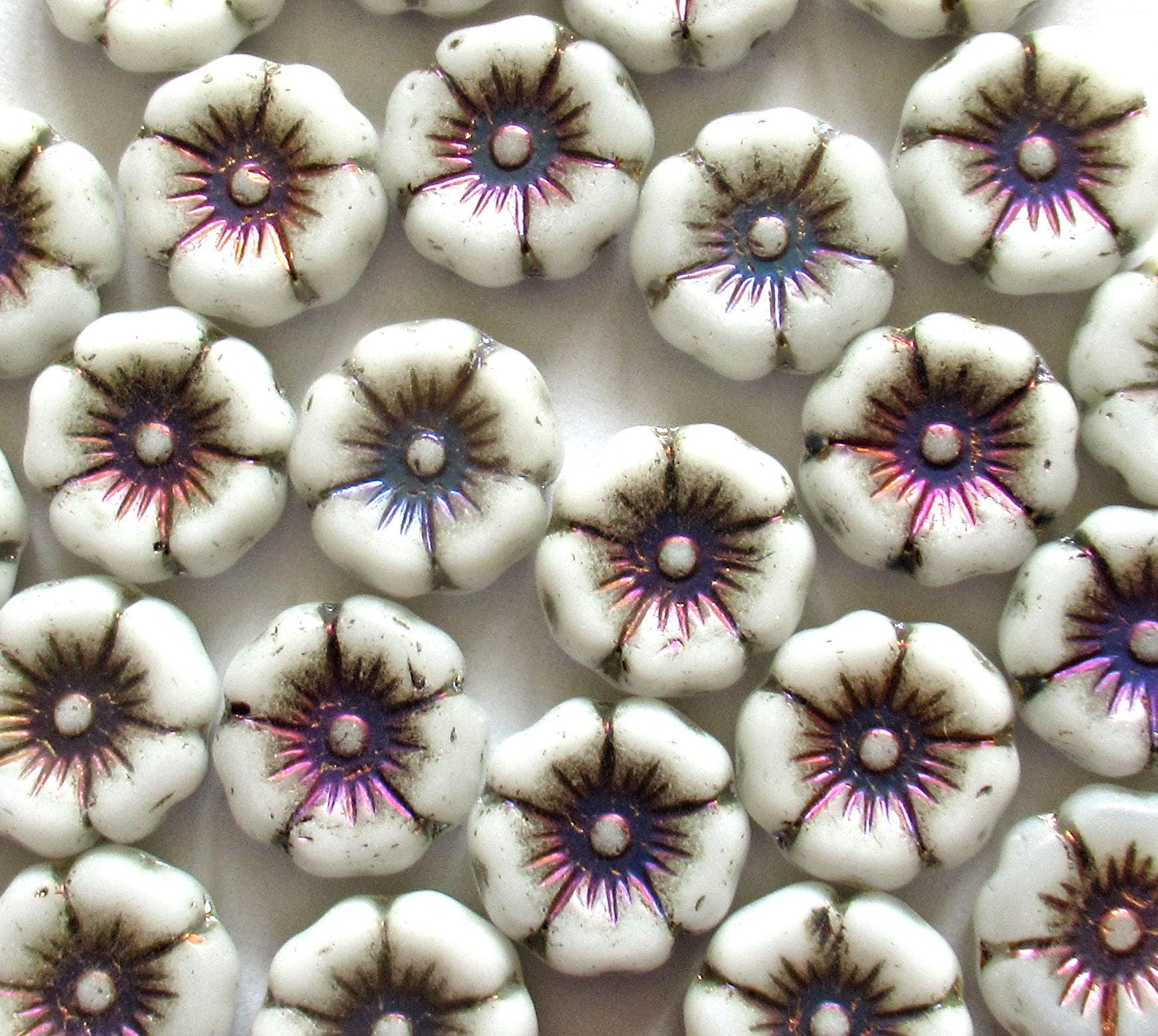 8 Czech glass flower beads - 12mm - opaque white Hawaiian hibiscus flowers with a purple & pink metallic wash - C00051