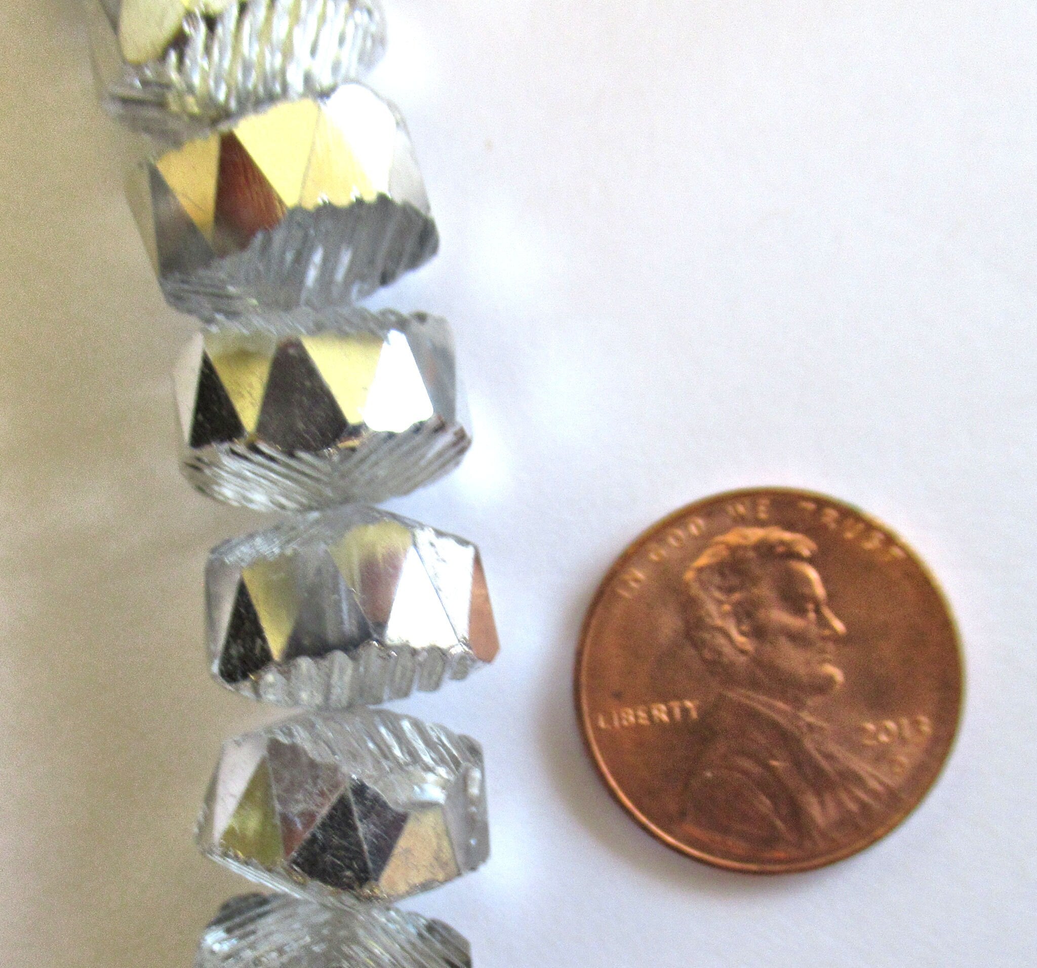 Six Czech glass faceted wavy rondelle beads - large 14 x 6mm silver and crystal mix chunky rondelles - C00941