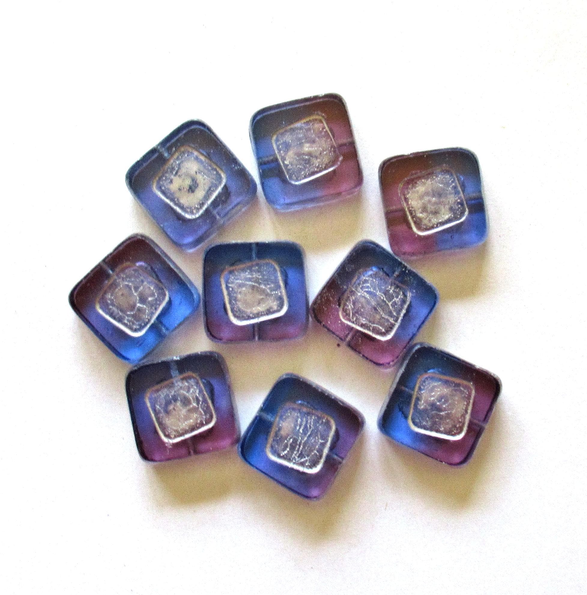 Five large Czech glass square beads - 14 x 14mm - blue & purple picasso beads - table cut chunky statement or focal beads - C00142