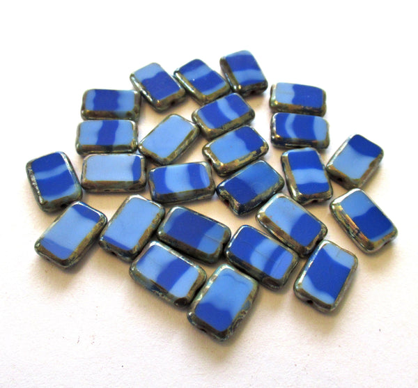 Ten Czech glass rectangle beads - 8 x 12mm - striped light and dark blue beads w/ a silver picasso finish along the edges - C00221