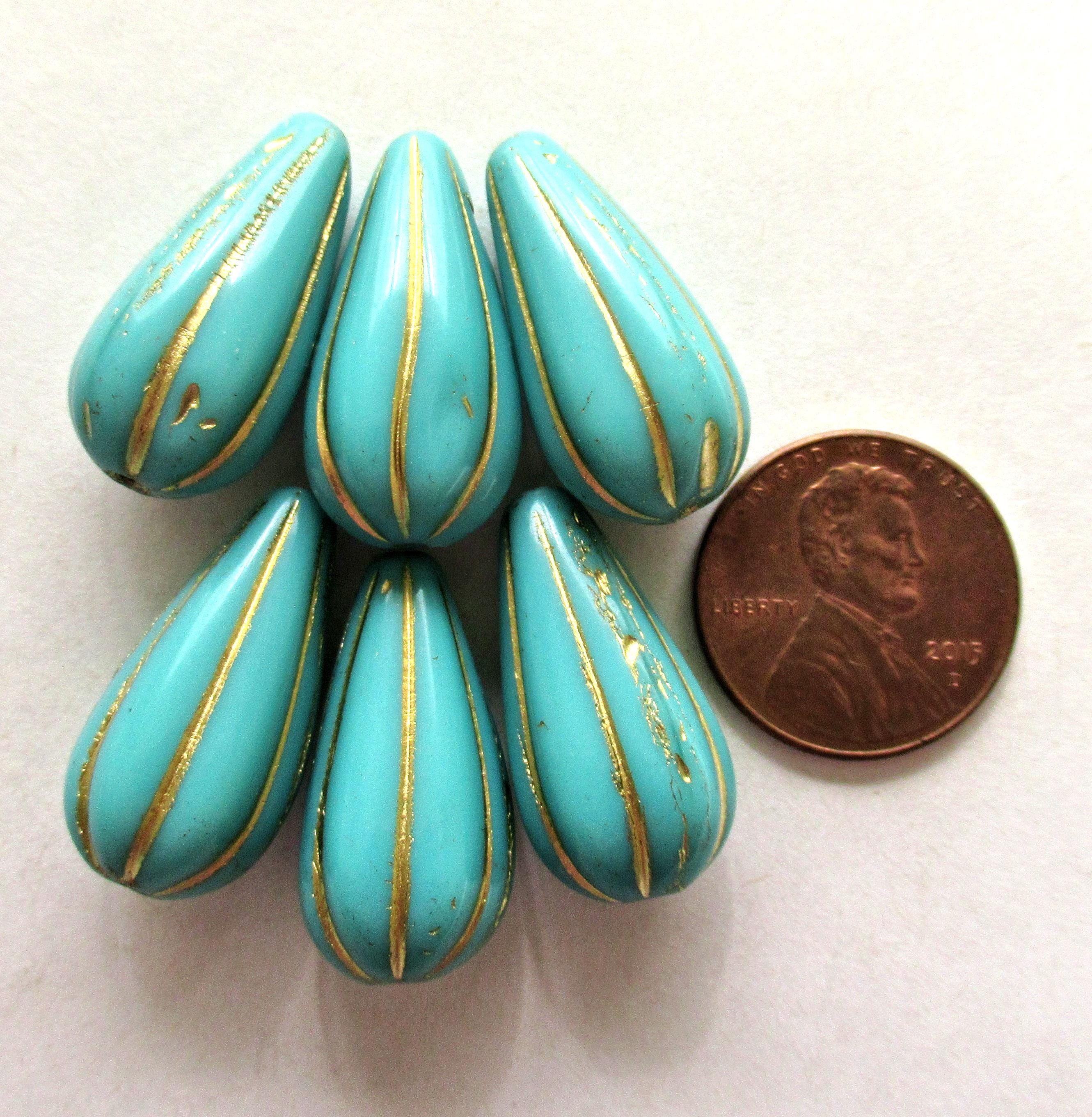 Six large Czech glass teardrop melon beads - turquoise blue green w/ gold accents - 22 x 11mm tear drop beads 00571
