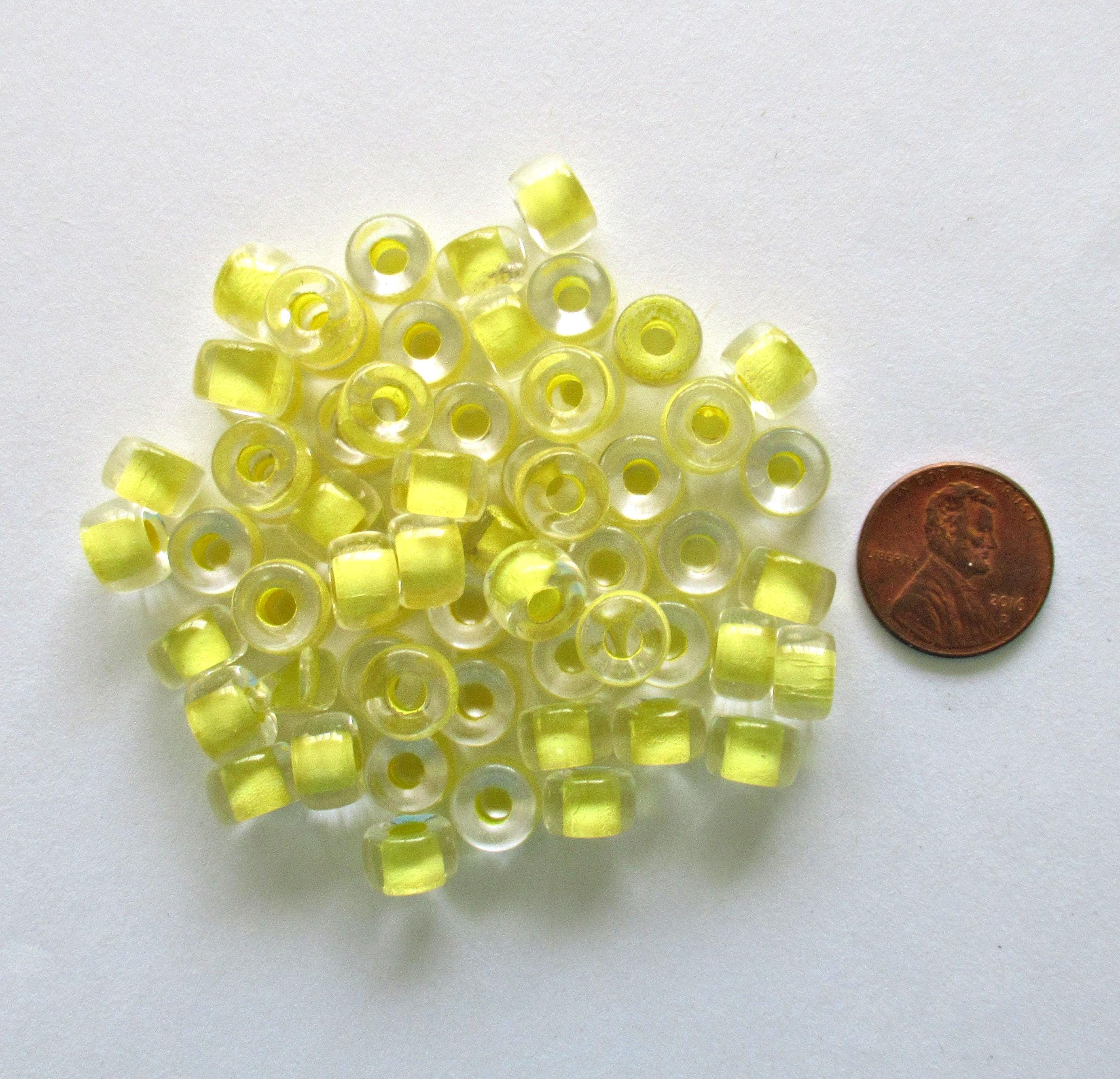 25 9mm Czech glass pony beads - crystal clear yellow lined roller beads - large hole crow beads - C4750