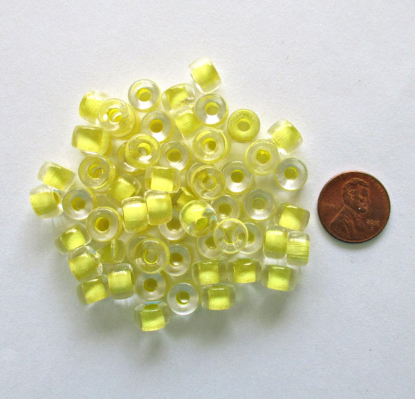 25 9mm Czech glass pony beads - crystal clear yellow lined roller beads - large hole crow beads - C4750