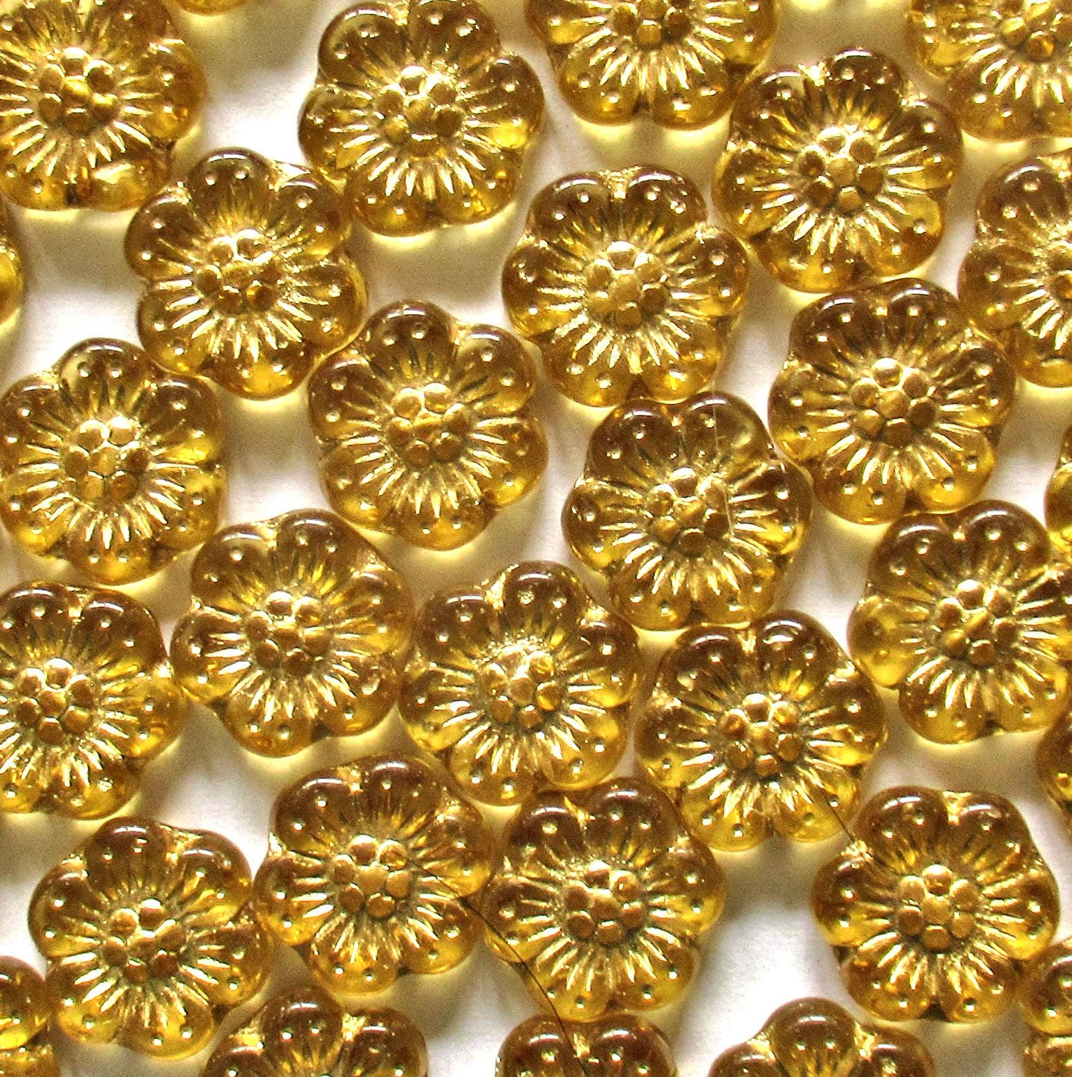 Ten Czech glass wild rose flower beads - 14mm - transparent amber with a gold wash - C00131