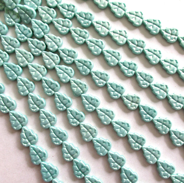 25 Czech glass leaf beads - sueded light turquoise green beads - 8 x 10mm leaves - C0029
