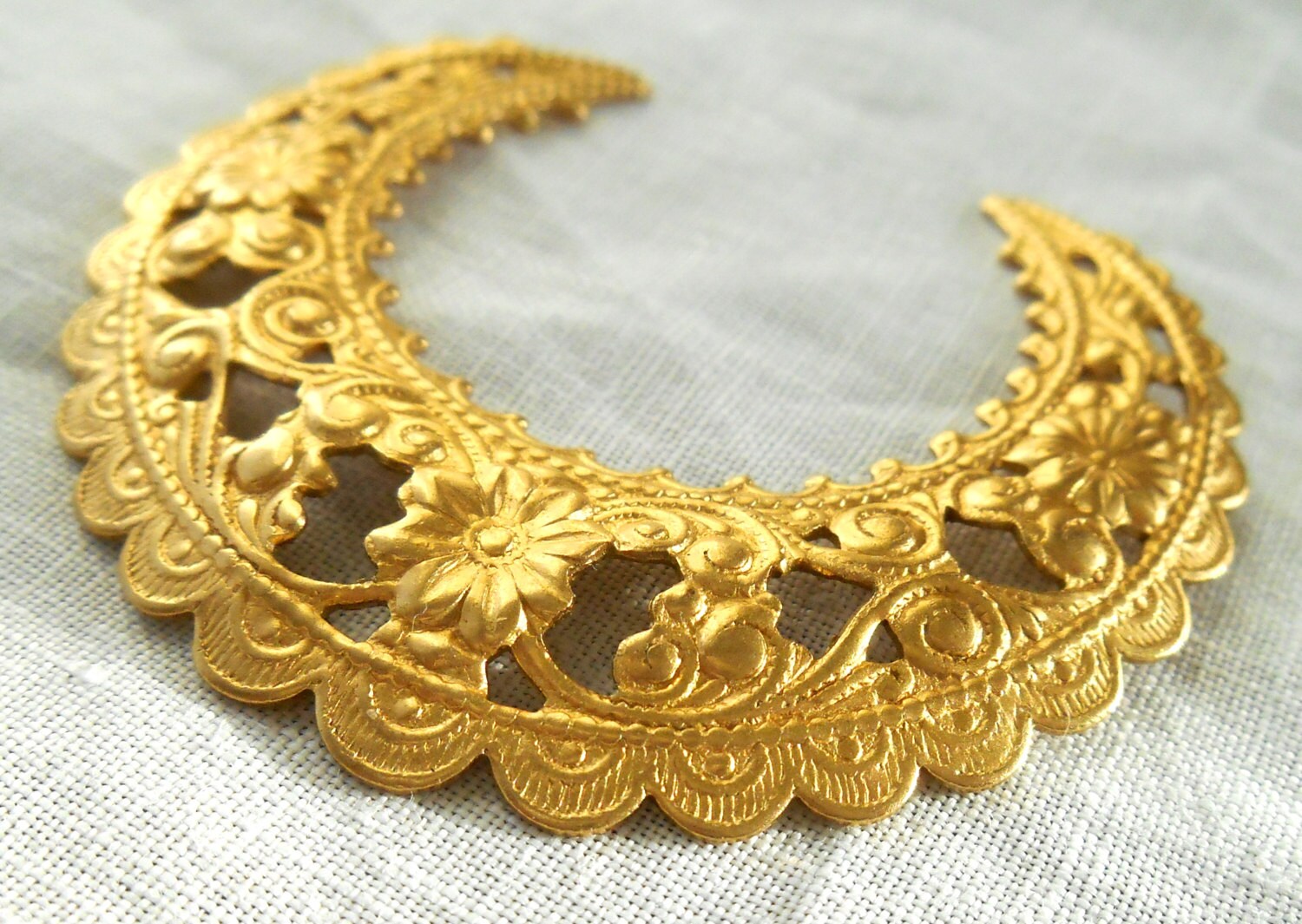 4 crescent raw brass stampings - ornate Victorian pendants - charms - connectors - earring - ornaments - 1.5" inches - USA made C00043