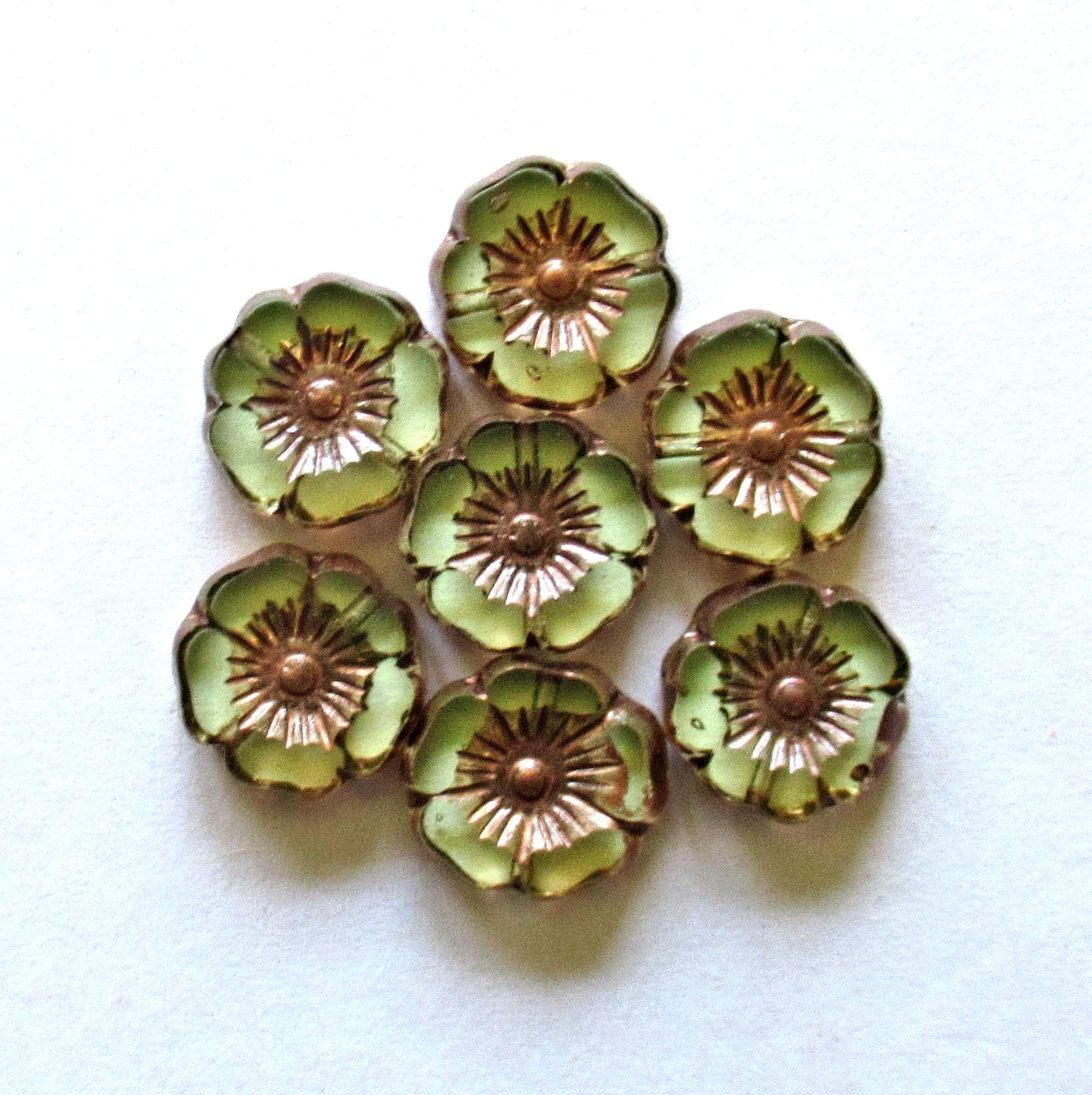 10 Czech flower beads - 12mm - table cut - carved - clear Vaseline glass with a picasso accents - Hawaiian hibiscus floral beads C00981