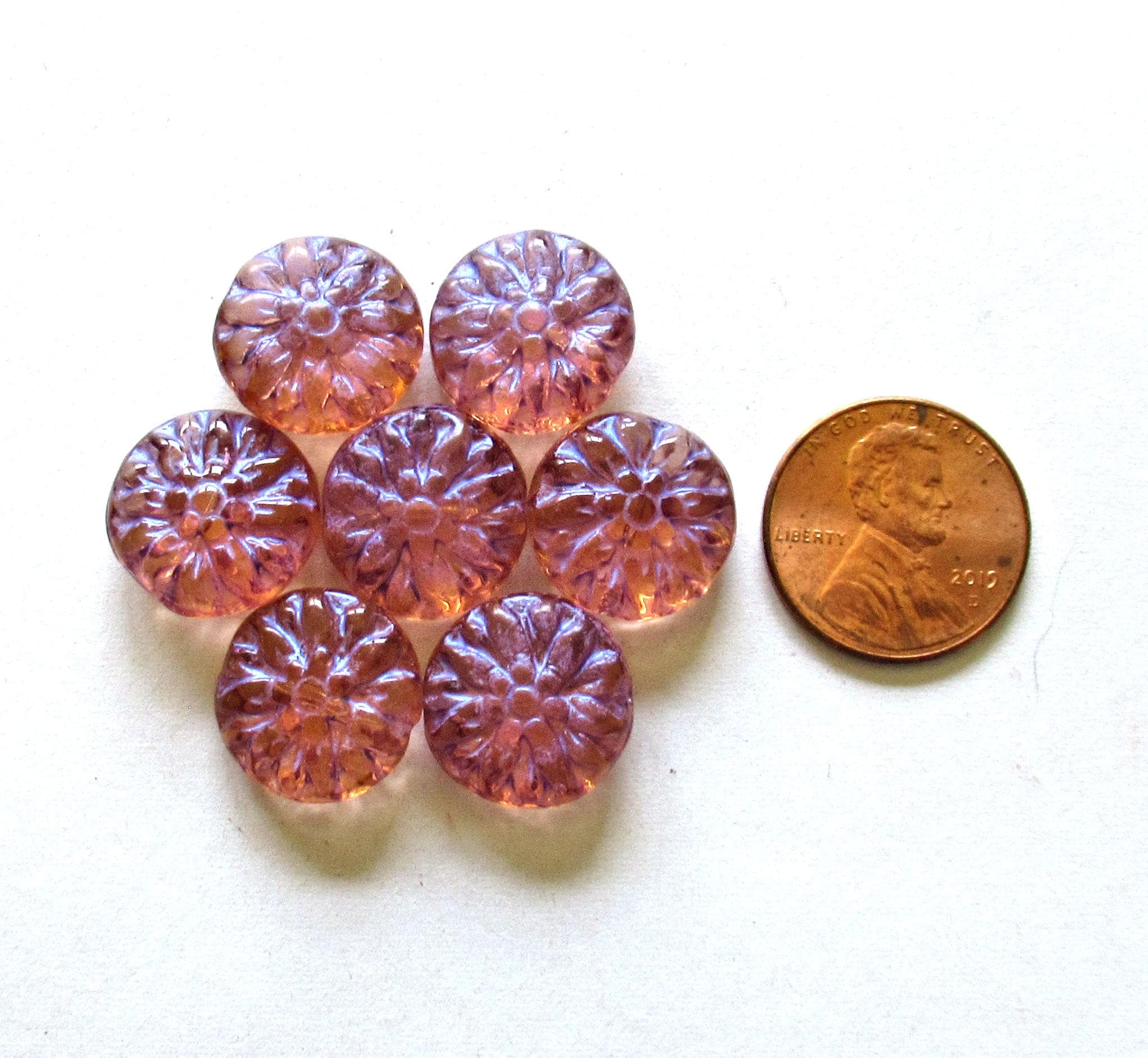 Six Czech glass Dahlia flower beads - 15mm - transparent pink w/ iridescent finish - puffy coin or disc beads - C00131