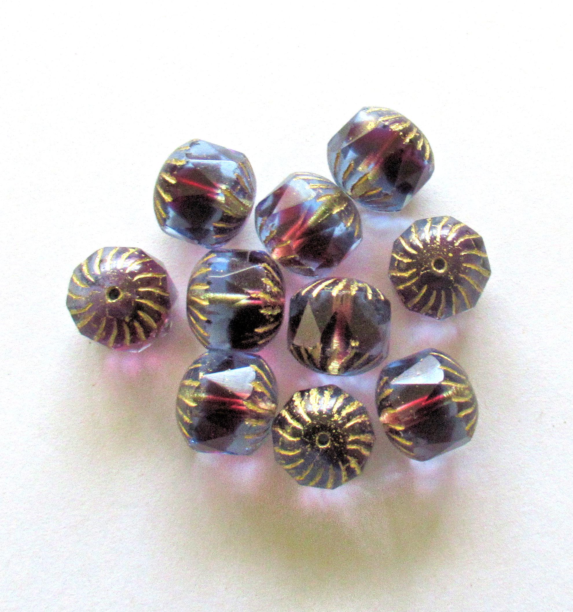 Ten large Czech glass center faceted cruller beads - 10mm - light sapphire blue & deep pink fuchsia cathedral beads w/ gold accents - 00084
