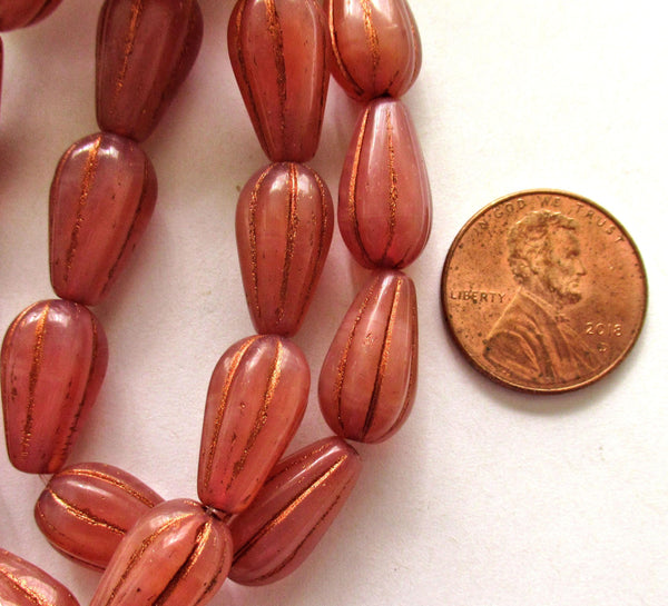 Ten Czech glass teardrop melon beads - milky pink opal w/ copper accents - 15 x 8mm tear drops 00571