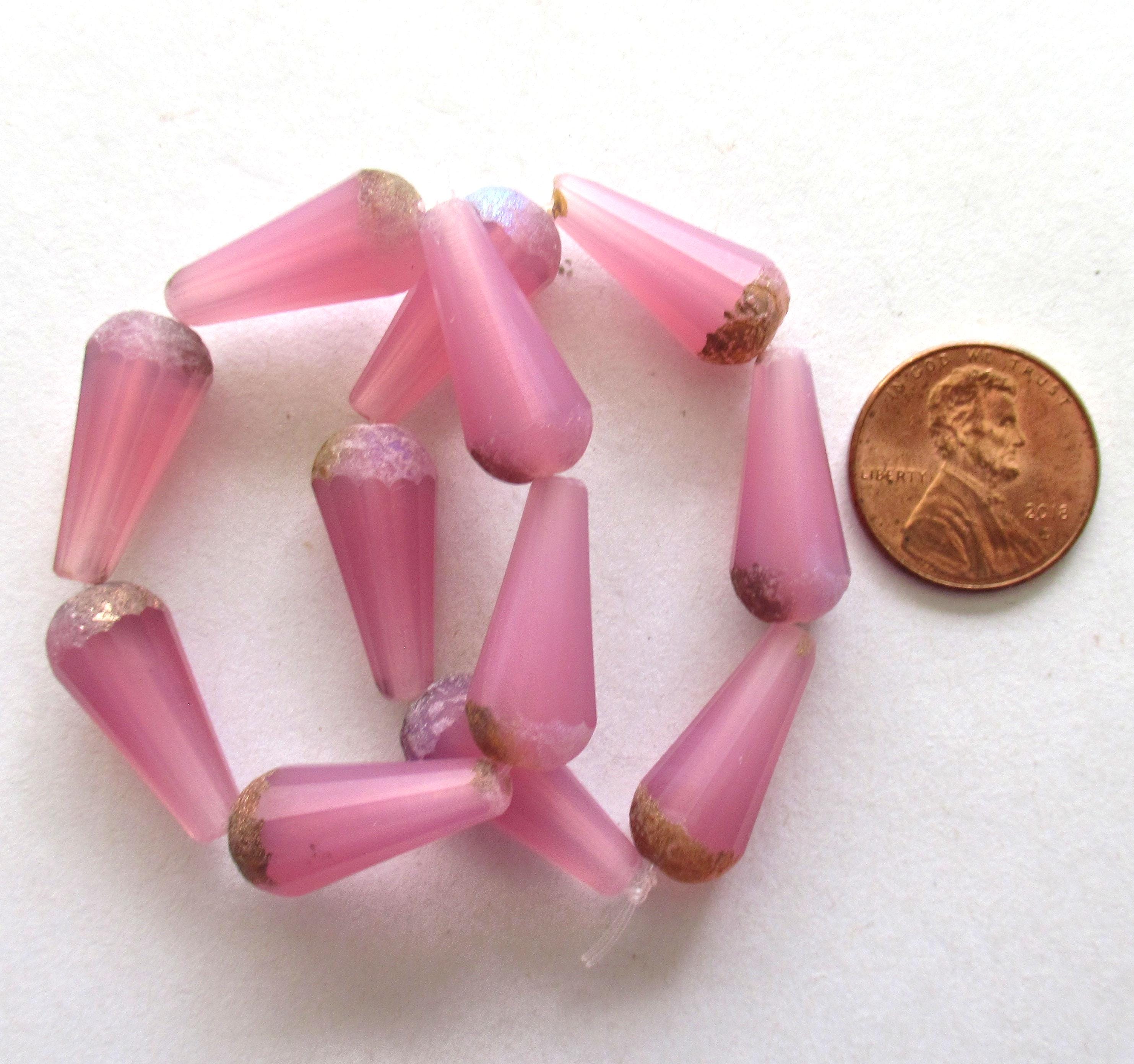 Six Czech glass faceted teardrop beads - Matte milky pink opal w/ etched picasso finish on the ends - 9 x 20mm long tear drops 00392