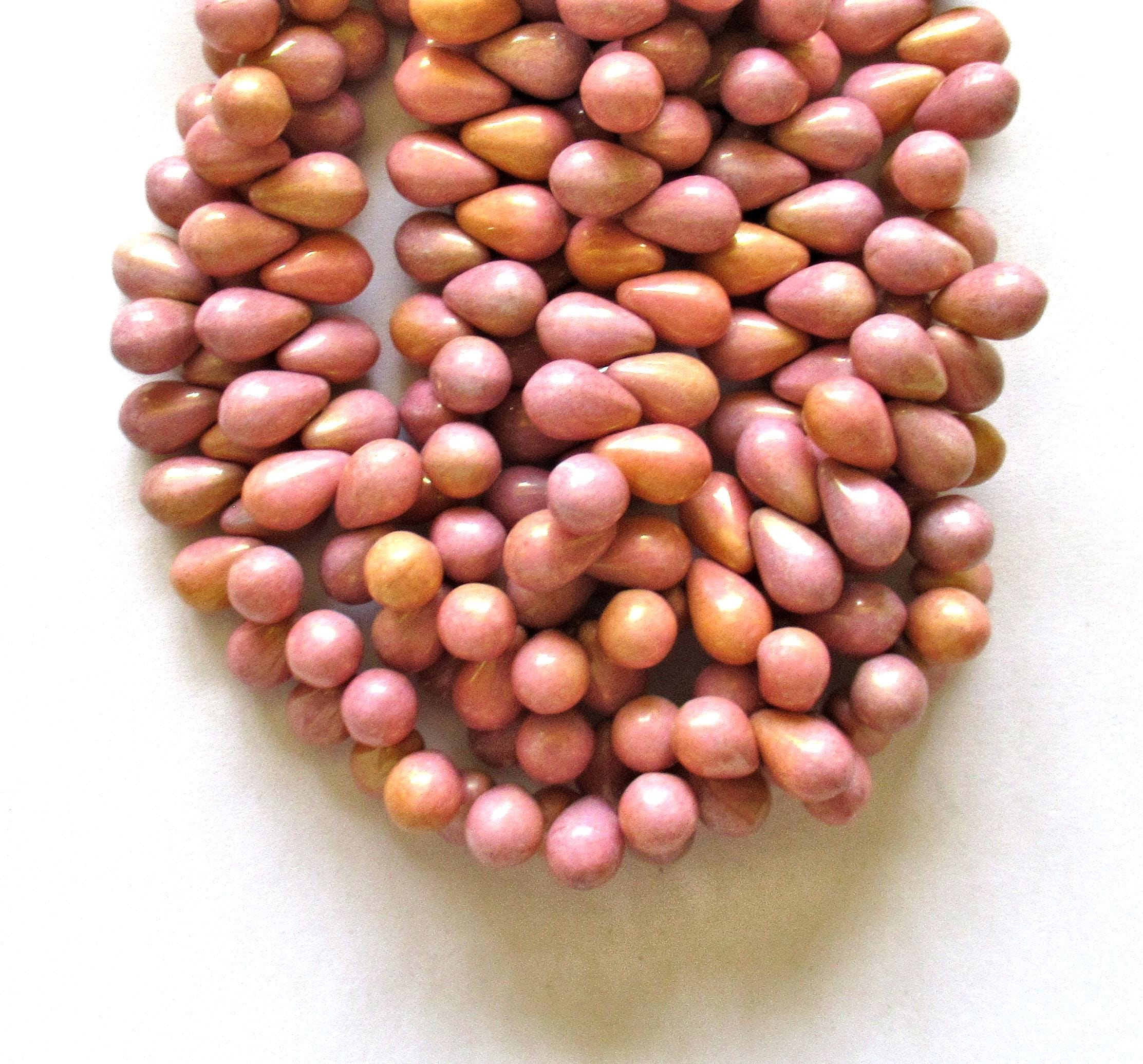 25 Czech glass drop beads - opaque pink & peach mix - side drilled - smooth teardrop beads - 9 x 6mm - 00121