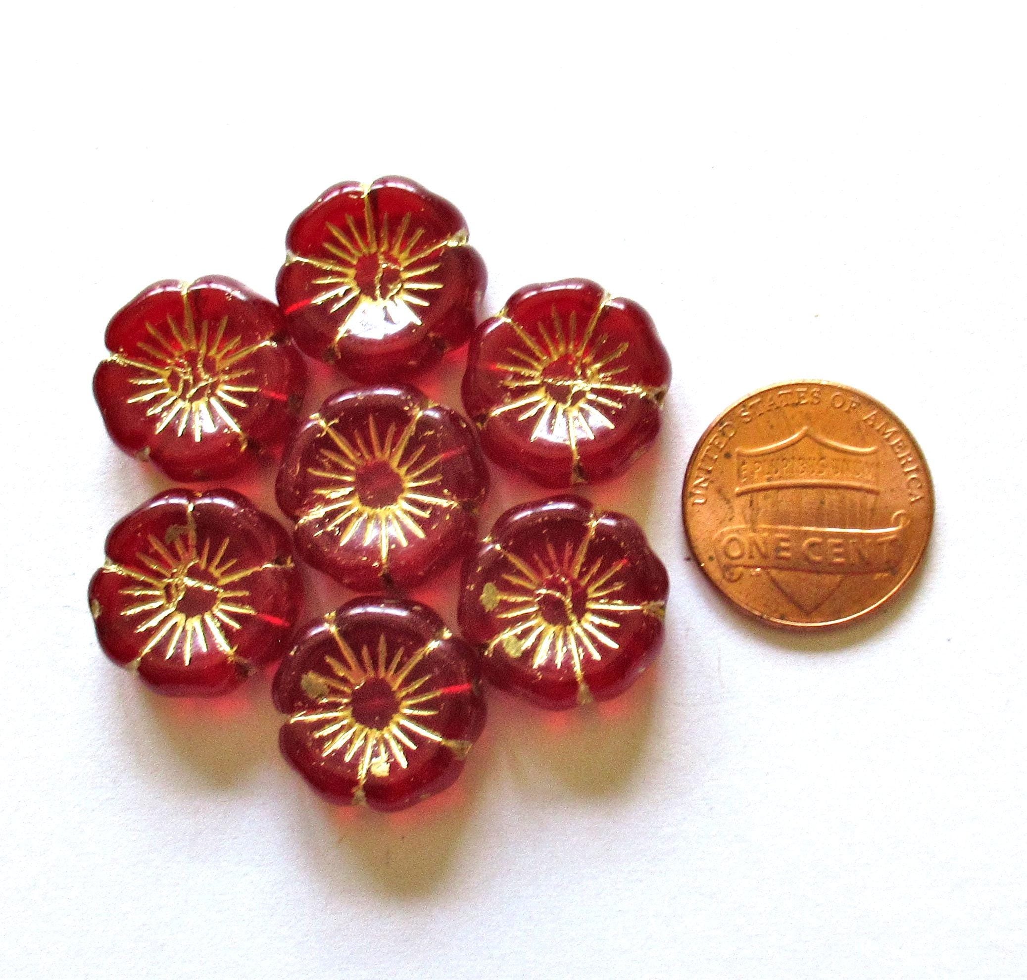 Six Czech glass flower beads - 16mm - light garnet ruby red w/ gold wash16mm - Hawaiian hibiscus floral beads - C00491