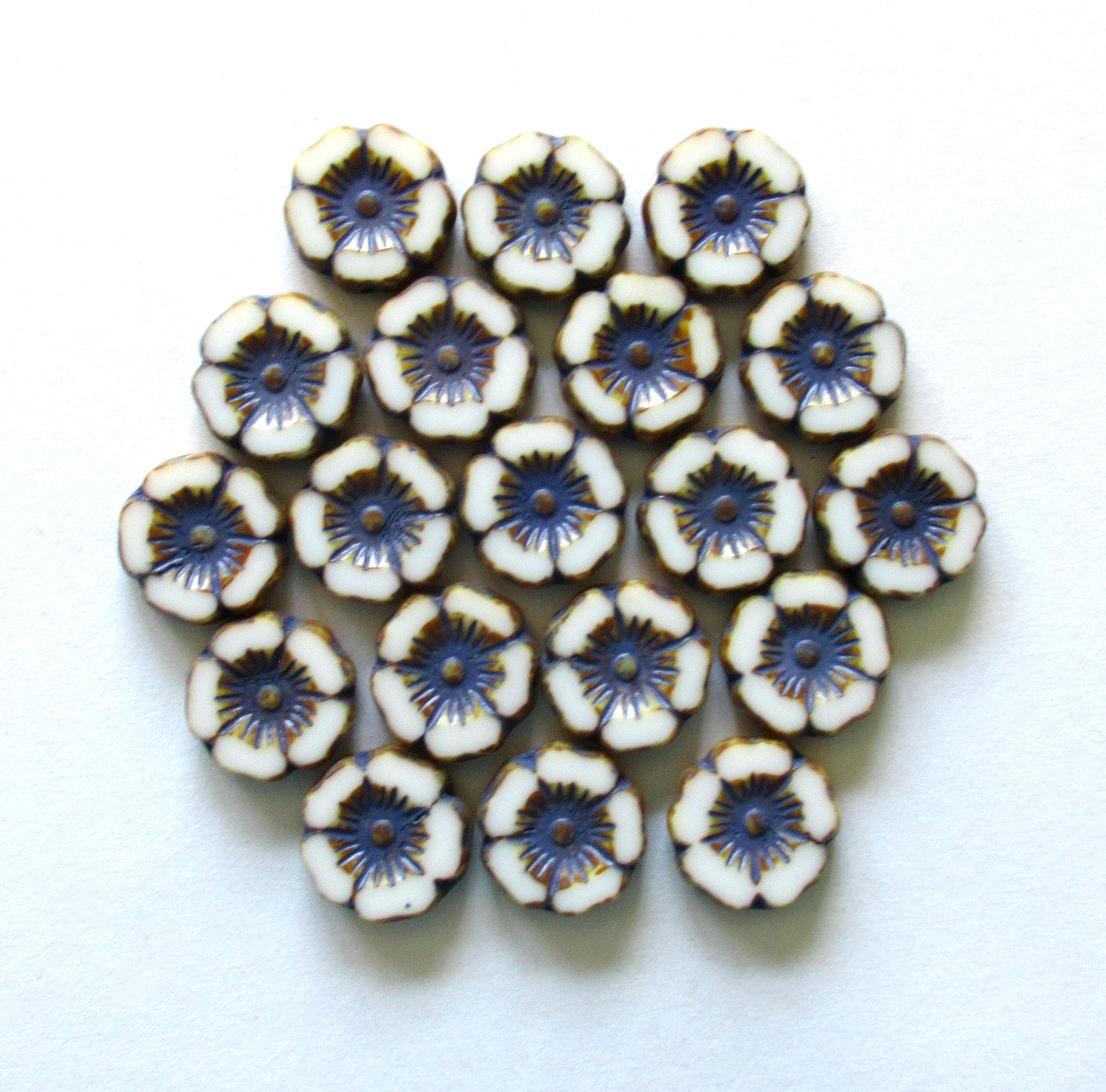 8 Czech glass flower beads - 12mm table cut, carved - opaque white picasso Hawaiian flower beads with a dark purple wash - C00561