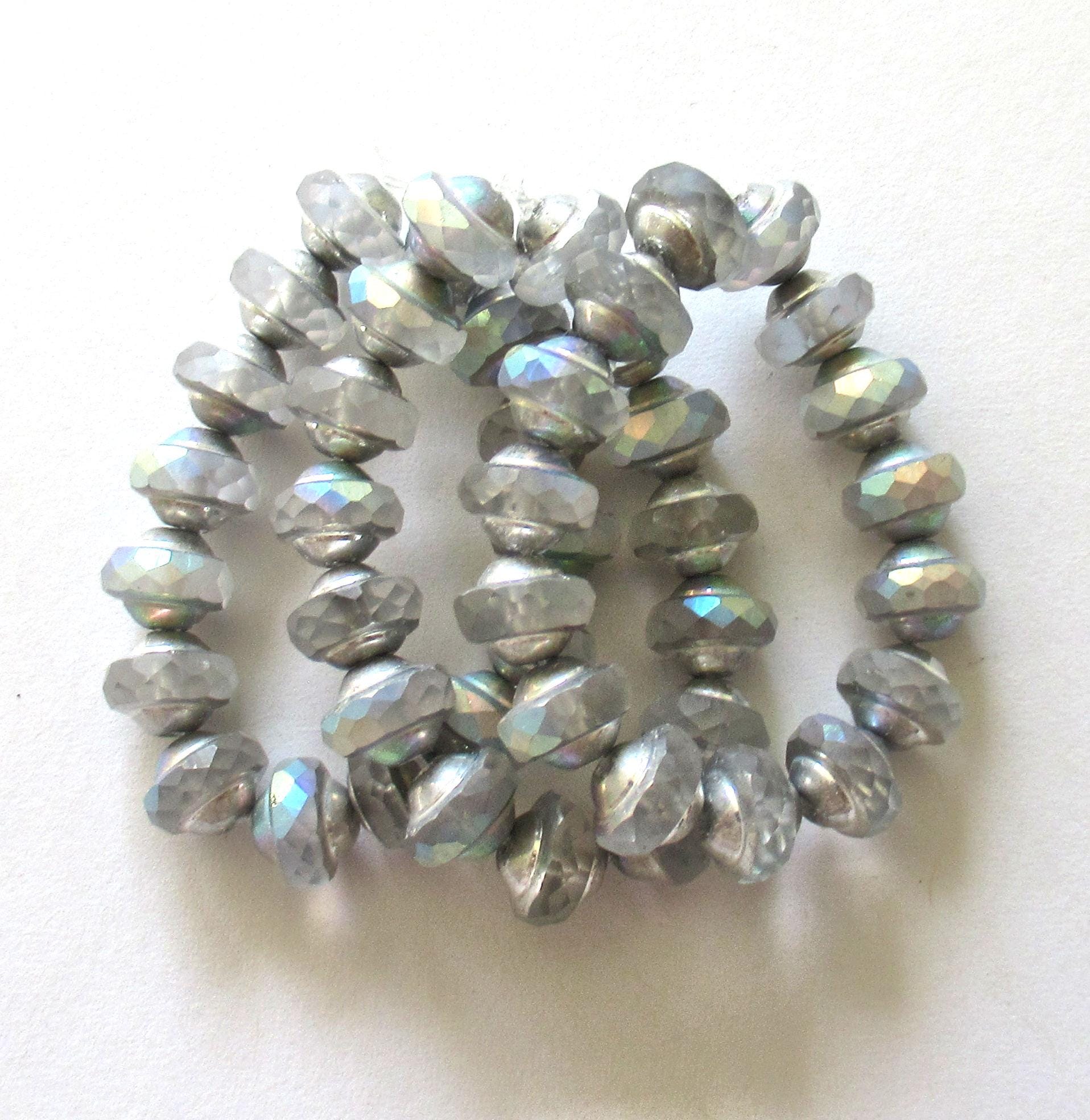 15 Czech glass mini gray saturn or saucer beads - crystal clear w/ silver and ab accents - 6 x 8mm - C00522