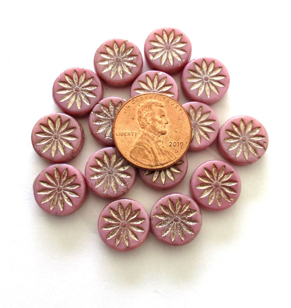 6 Czech glass coin beads - 12mm opaque pink Aster flower disc beads with silver accents - thick flat round beads - 00911