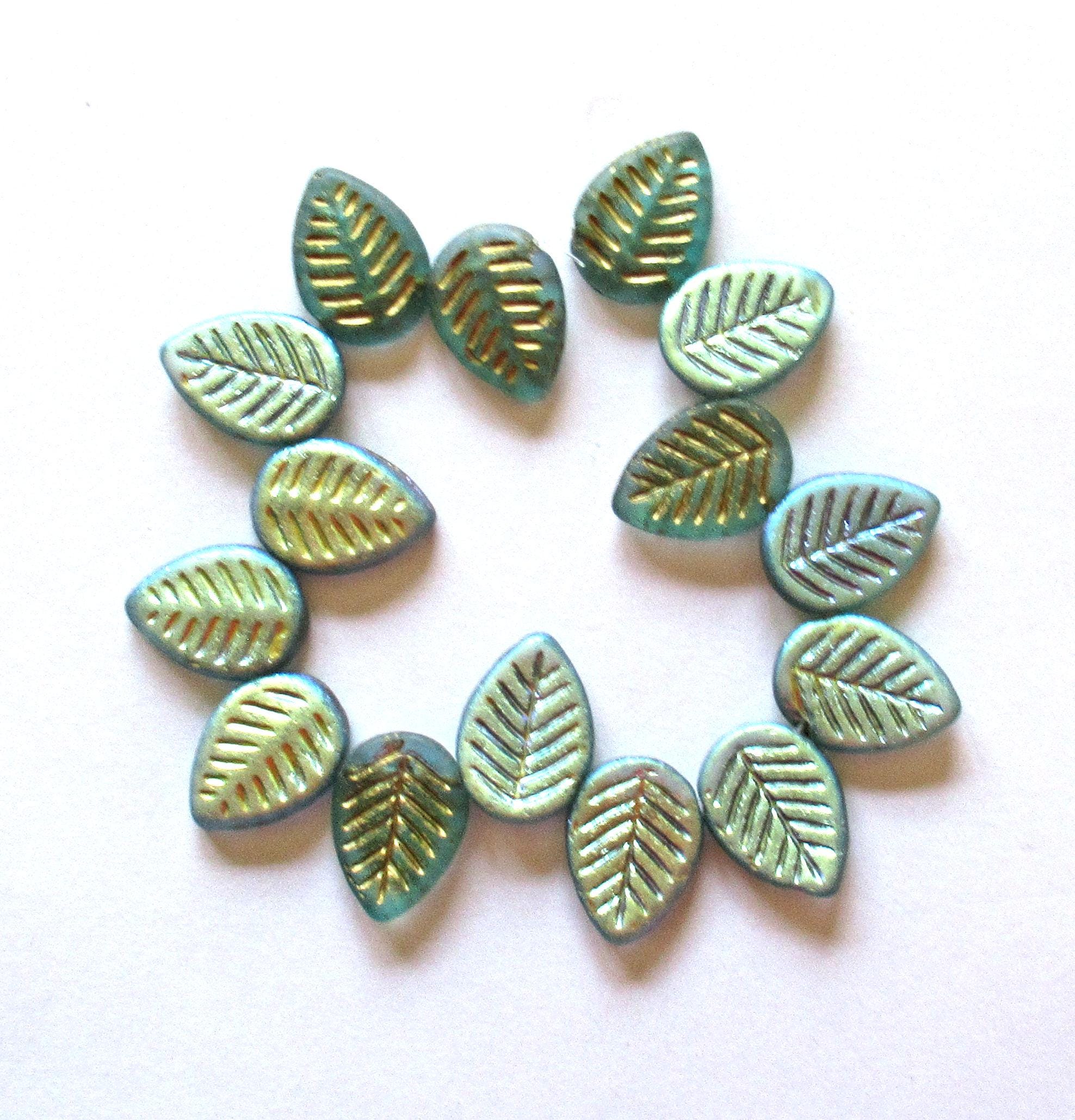 Ten large Czech glass leaf beads - side drilled - matte light teal blue green AB beads w/ a gold wash - 12 x 16mm - carved beads - C00612