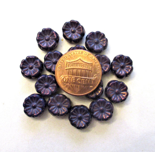 Lot of 16 9mm Czech glass flower beads - dark amethyst or purple w/ bronze luster finish - Hawaiian hibiscus flower beads C00041