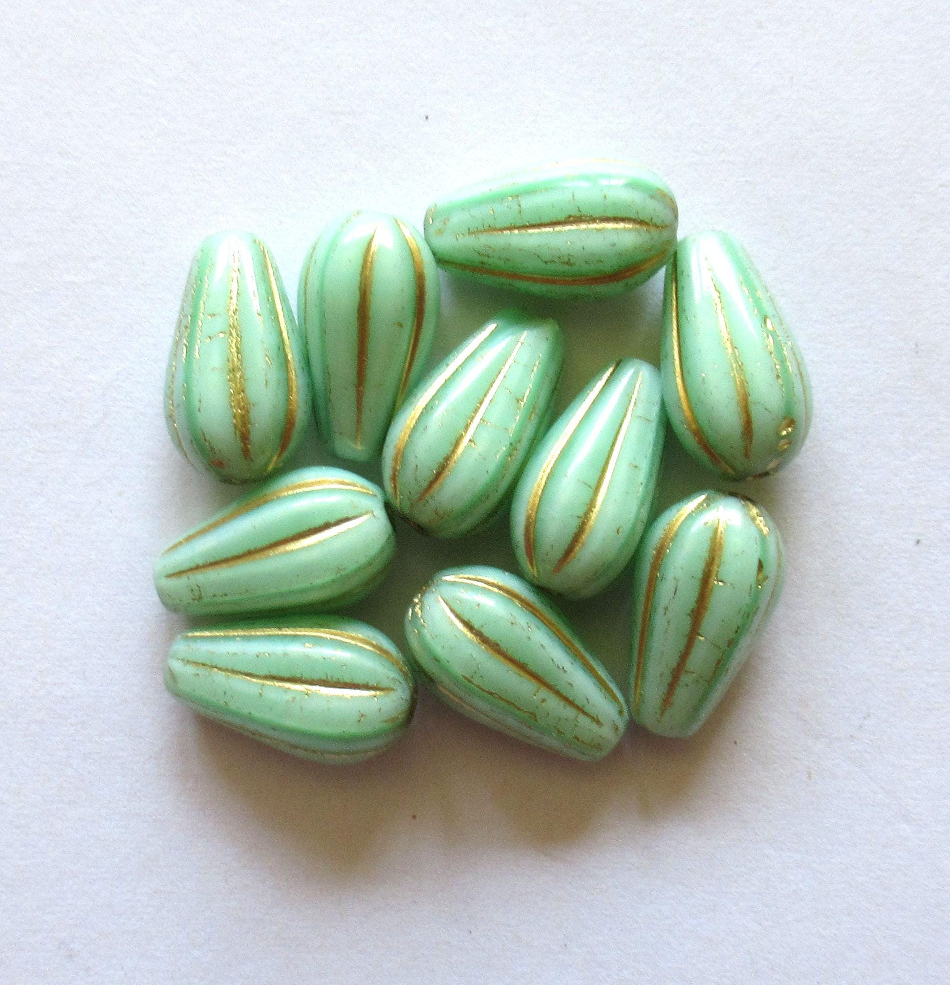 Ten Czech glass teardrop melon beads - mint green w/ gold accents - 15 x 8mm tear drops - 00071