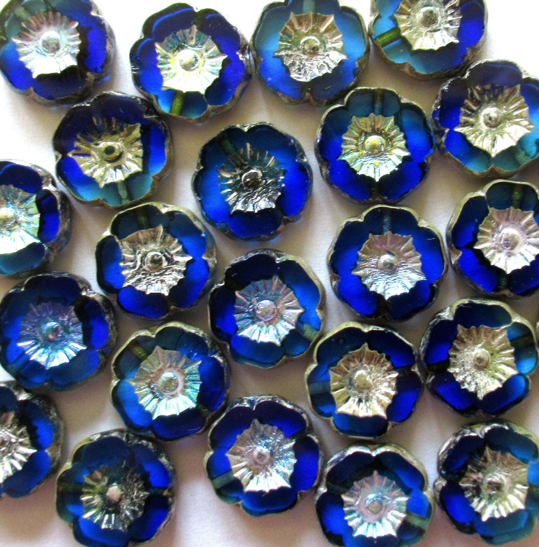 Czech glass flower beads - 12mm - sapphire & aqua blue AB w/ silver accents - table cut Hawaiian hibiscus flowers - 8 beads - C00042