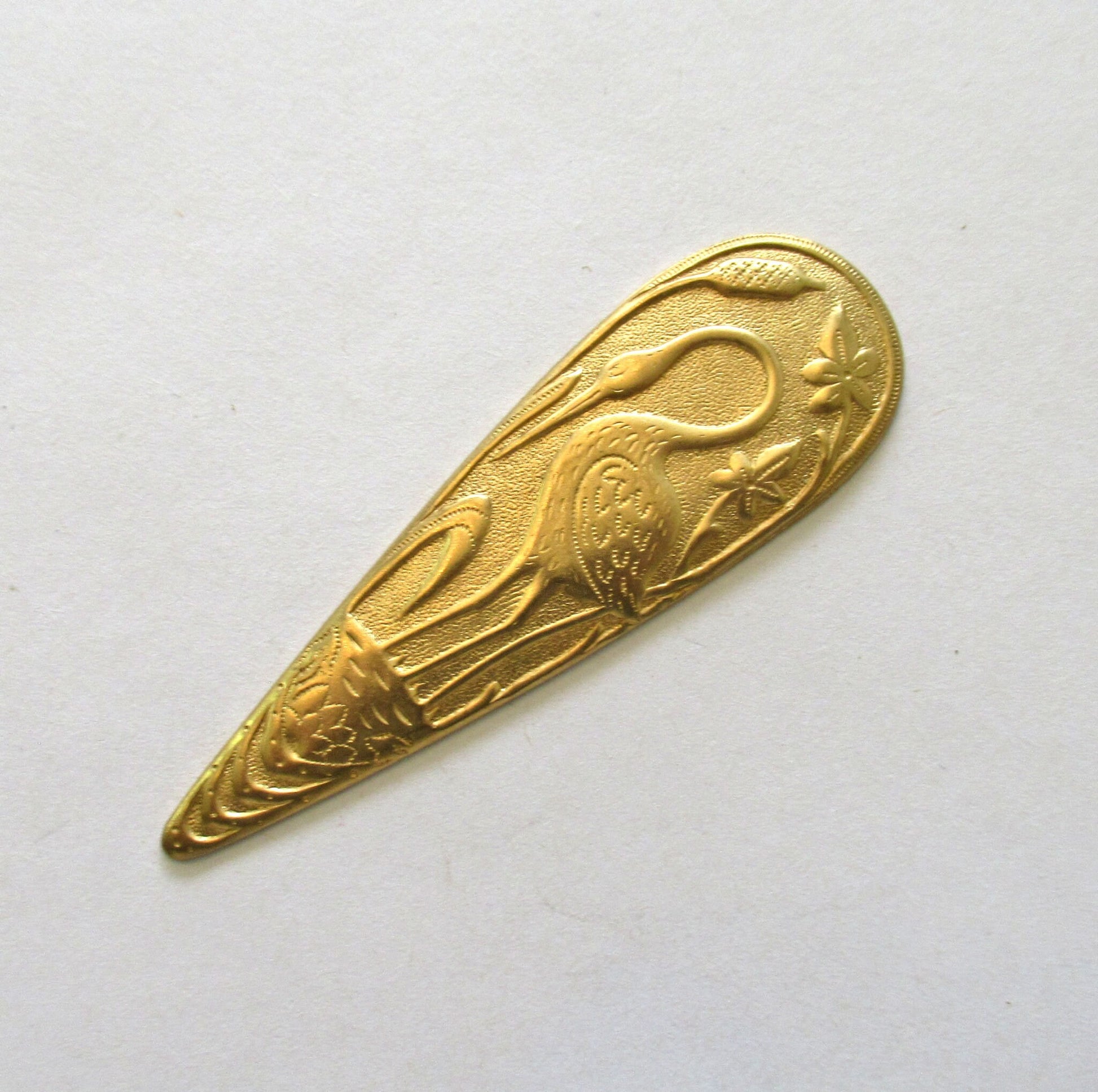1 art deco / nouveau bird brass stamping - oval with stork pendant - connector - earring - 2.75" by .87" inches- made in the USA C0088 - Glorious Glass Beads