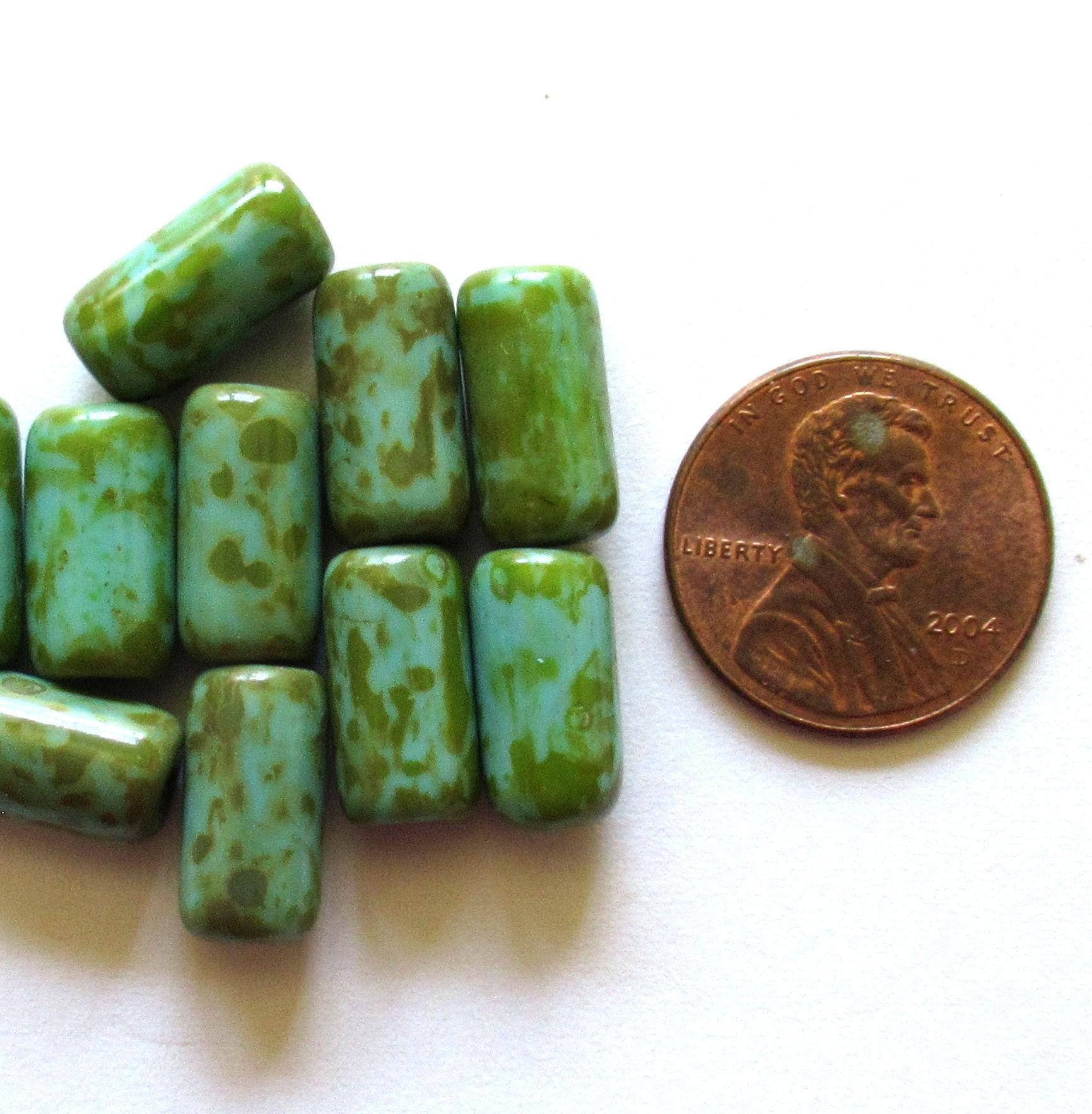Ten Czech glass tube beads - turquoise green w/ picasso coat & big 2mm holes - 7 x 14mm - C00031