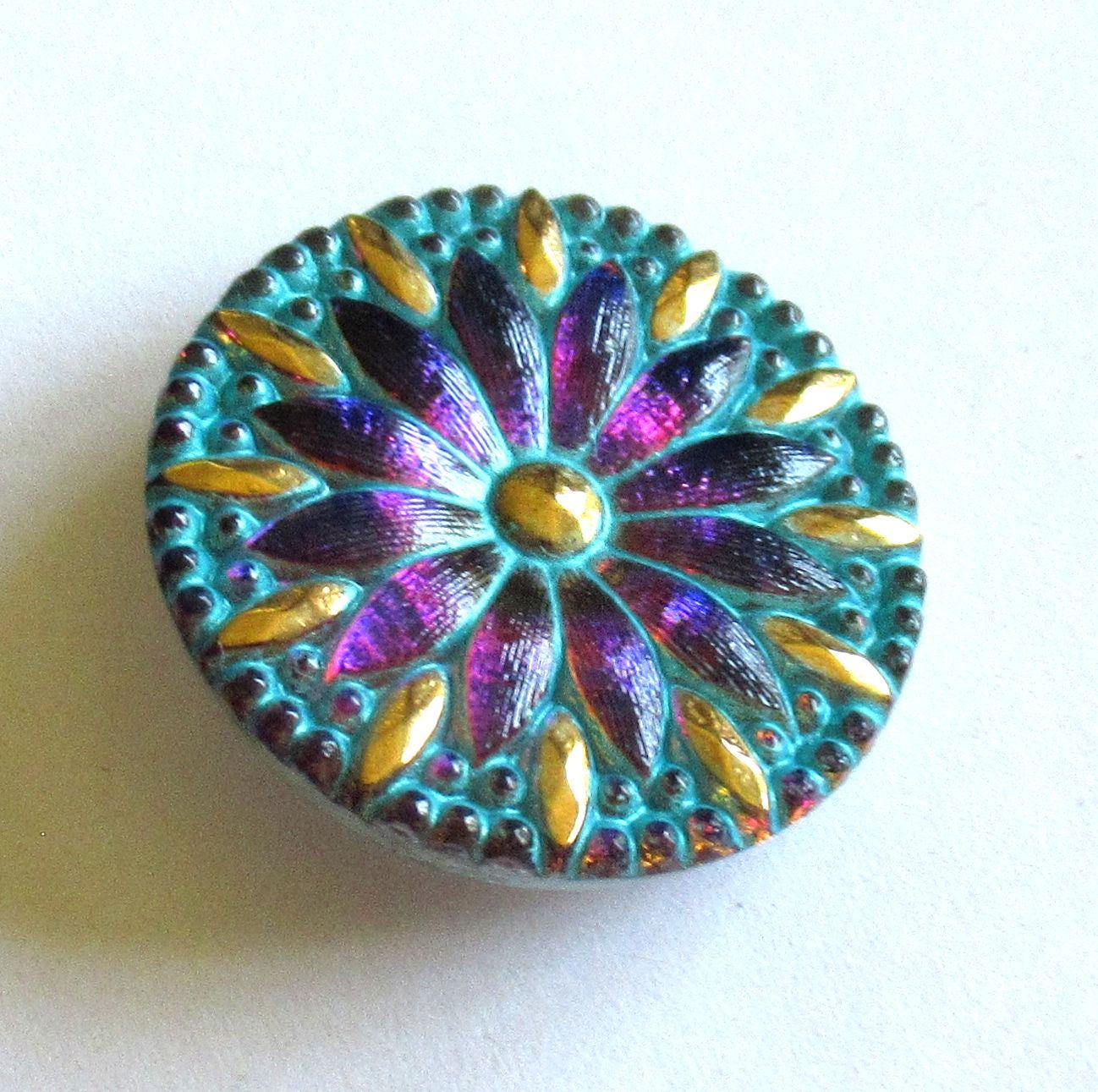 One 30mm Czech glass daisy flower button - iridescent blue & purple with gold accents and a blue wash - decorative shank button - 00054