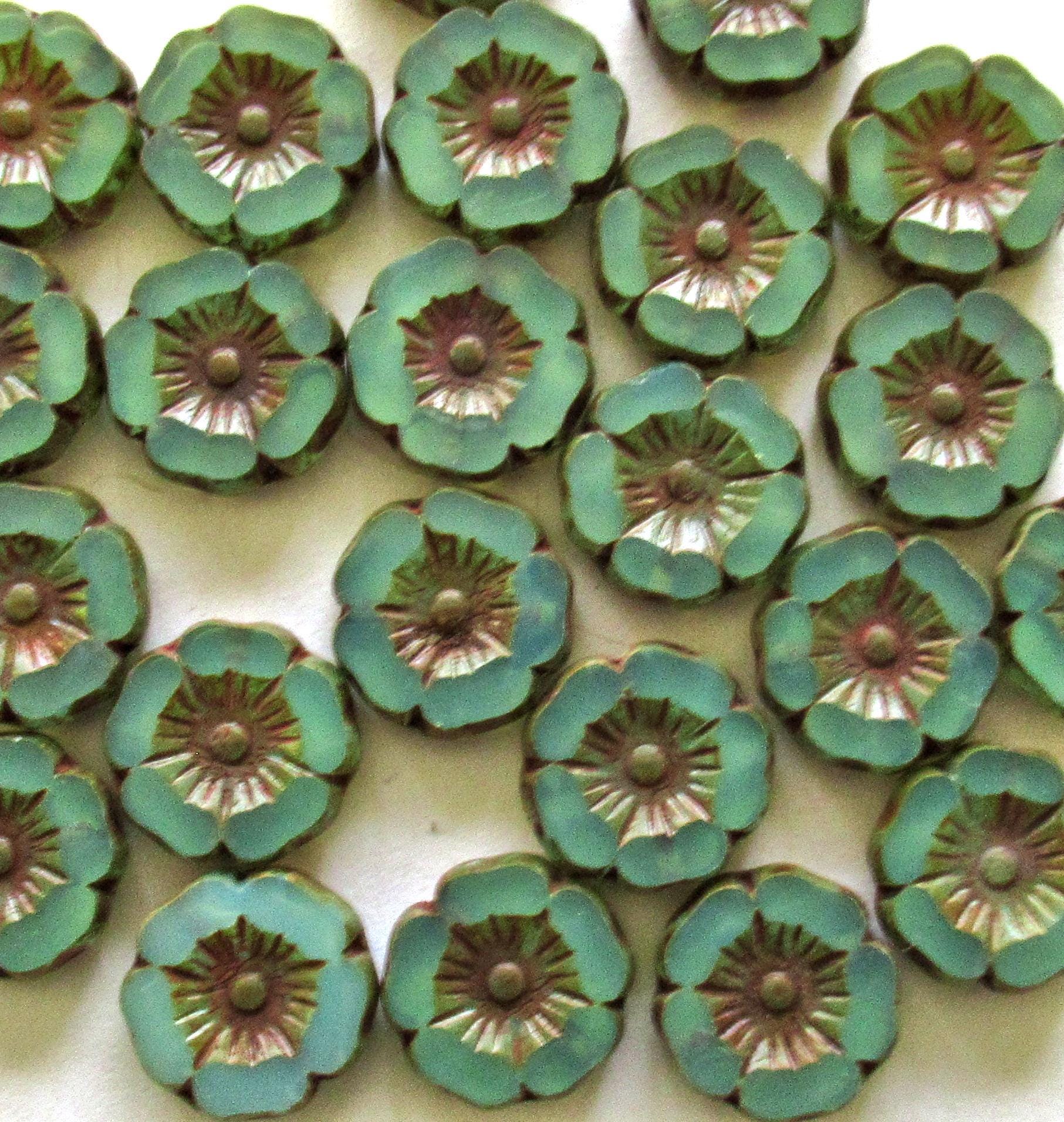 Czech glass flower beads - seafoam green opaline picasso - vaseline glass - table cut carved - 12mm -Hawaiian floral beads - 8 pcs - C00202