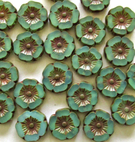 Czech glass flower beads - seafoam green opaline picasso - vaseline glass - table cut carved - 12mm -Hawaiian floral beads - 8 pcs - C00202