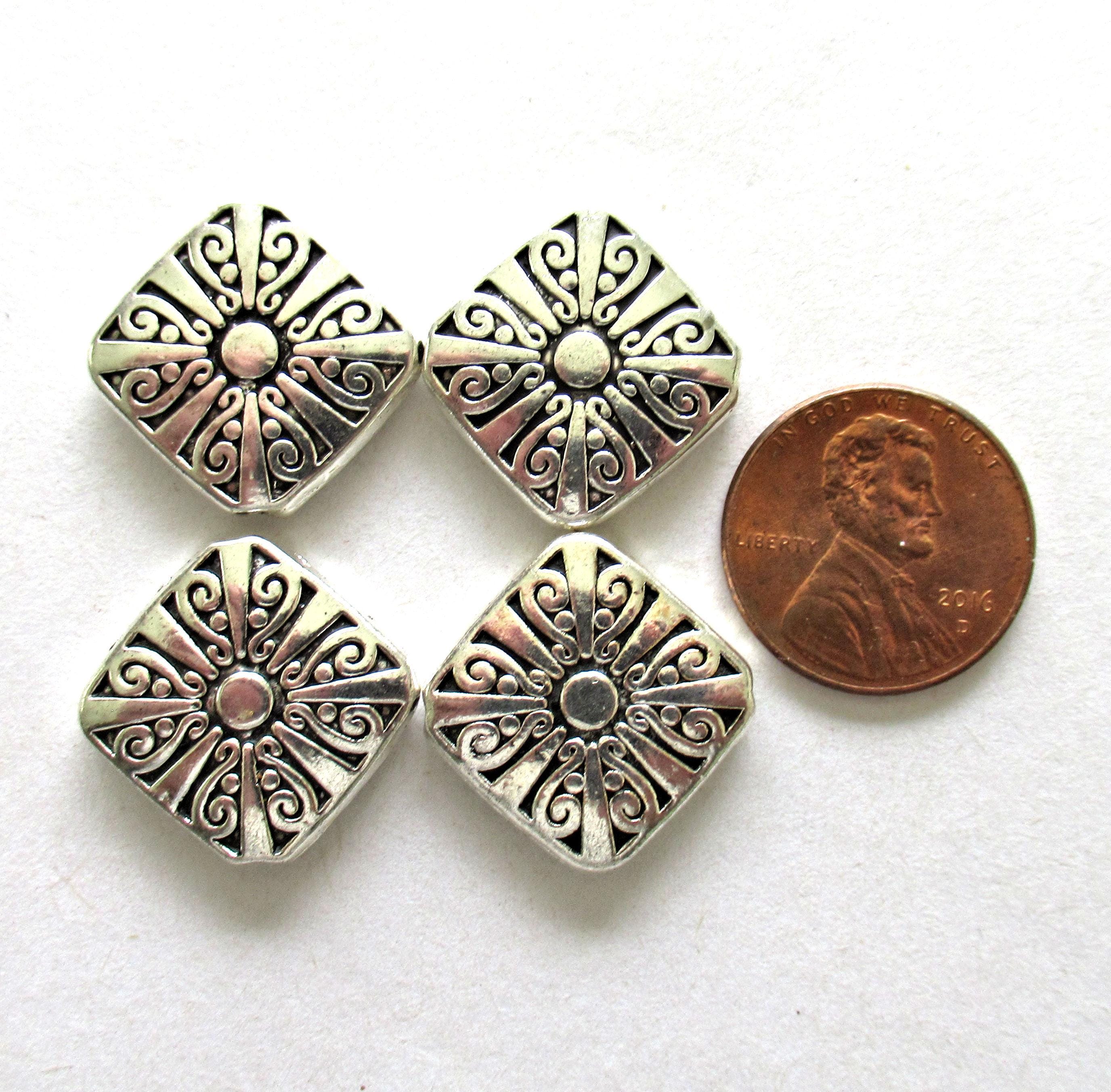 Antique Tibetan style - silver tone metal alloy beads - 16mm square beads - large ornate diamond shaped focal beads - 6 pieces - C00301