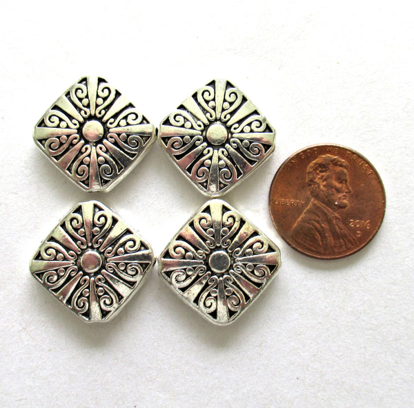 Antique Tibetan style - silver tone metal alloy beads - 16mm square beads - large ornate diamond shaped focal beads - 6 pieces - C00301