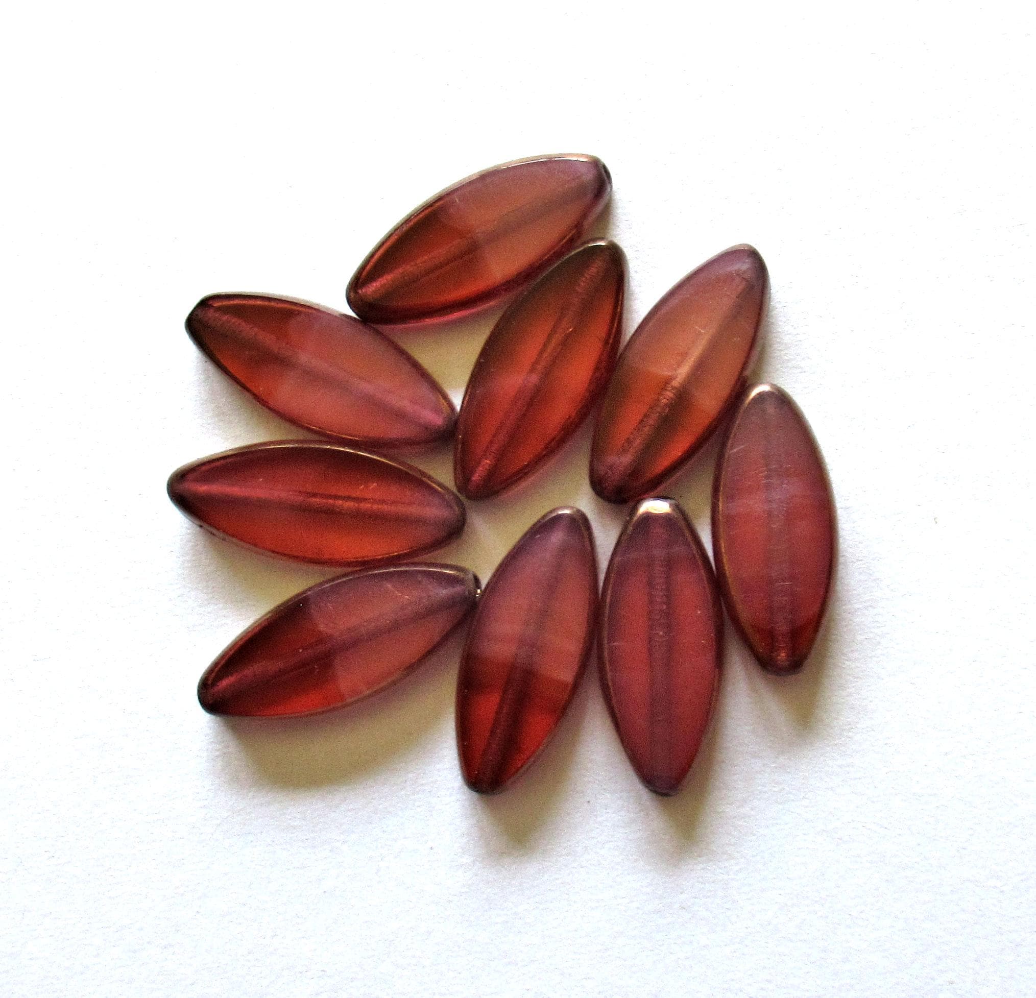 Ten Czech glass spindle beads - transparent & milky two tone pink w/ bronze - 18 x 7mm table cut beads C000404