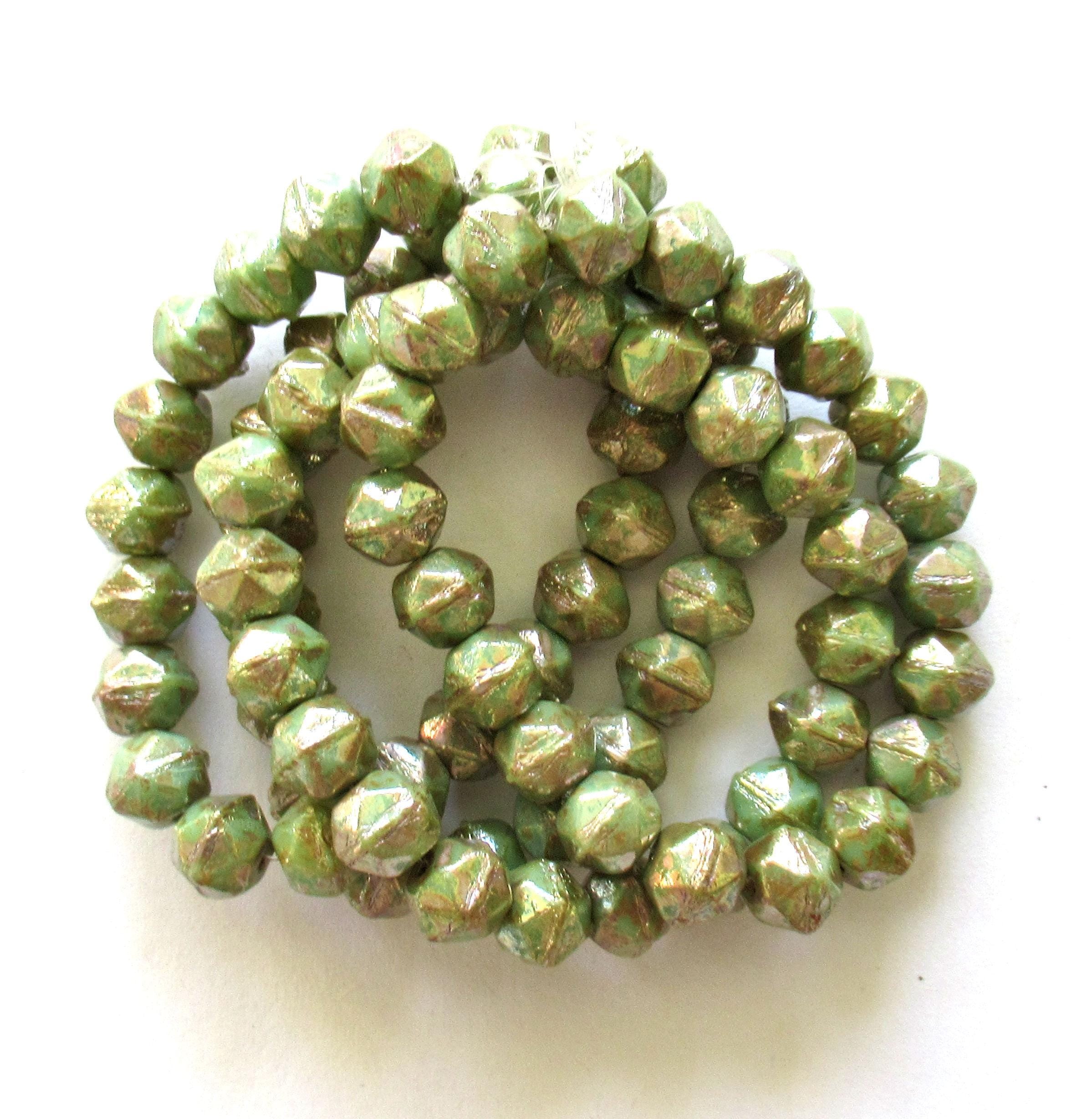 20 8mm Czech glass English cut beads - sage green with a gold picasso finish - C00002