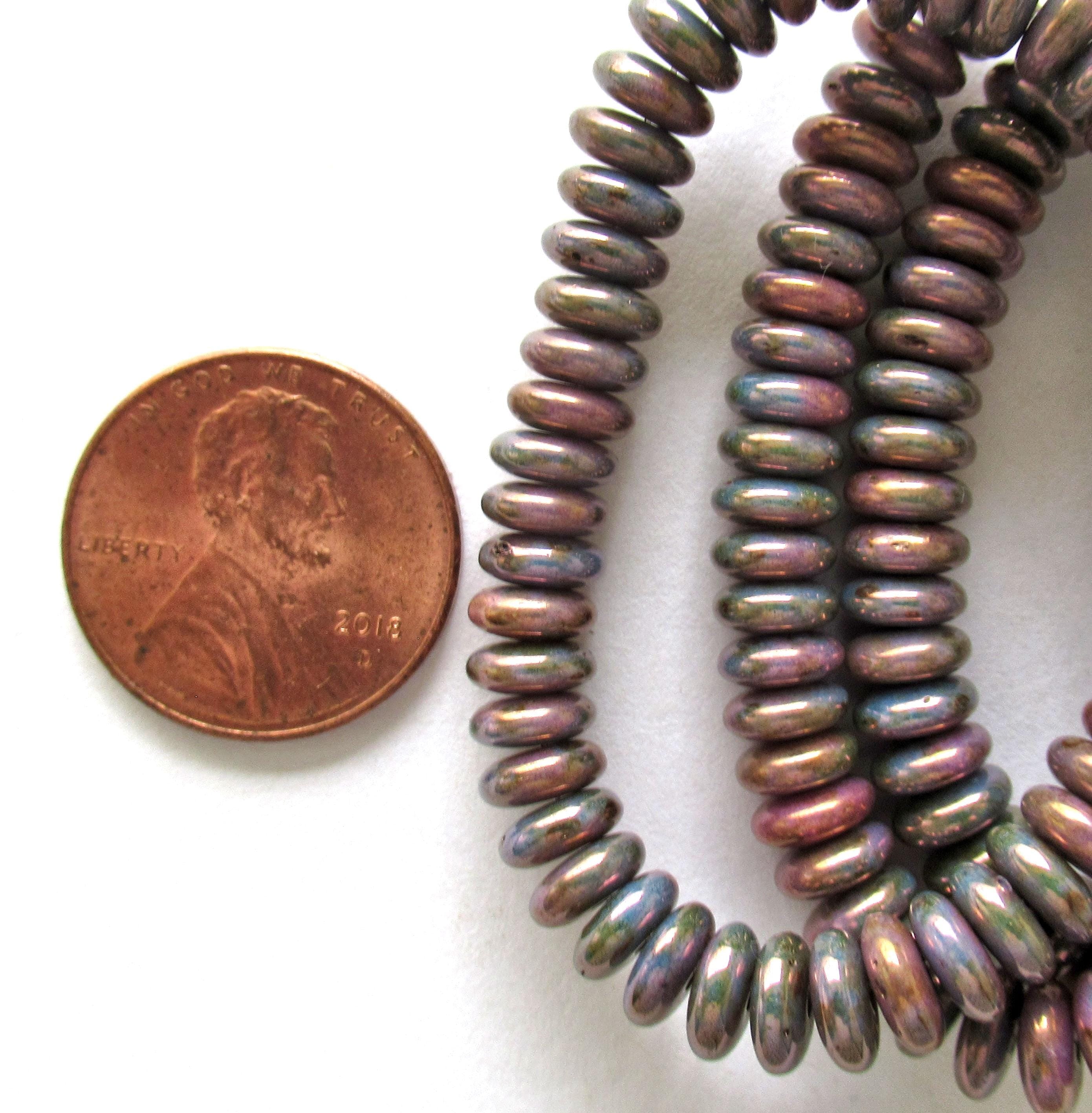Lot of 50 6mm Czech glass rondelle spacer beads - opaque blue beads with purple luster iris finish - flat spacers or rondelles C00521