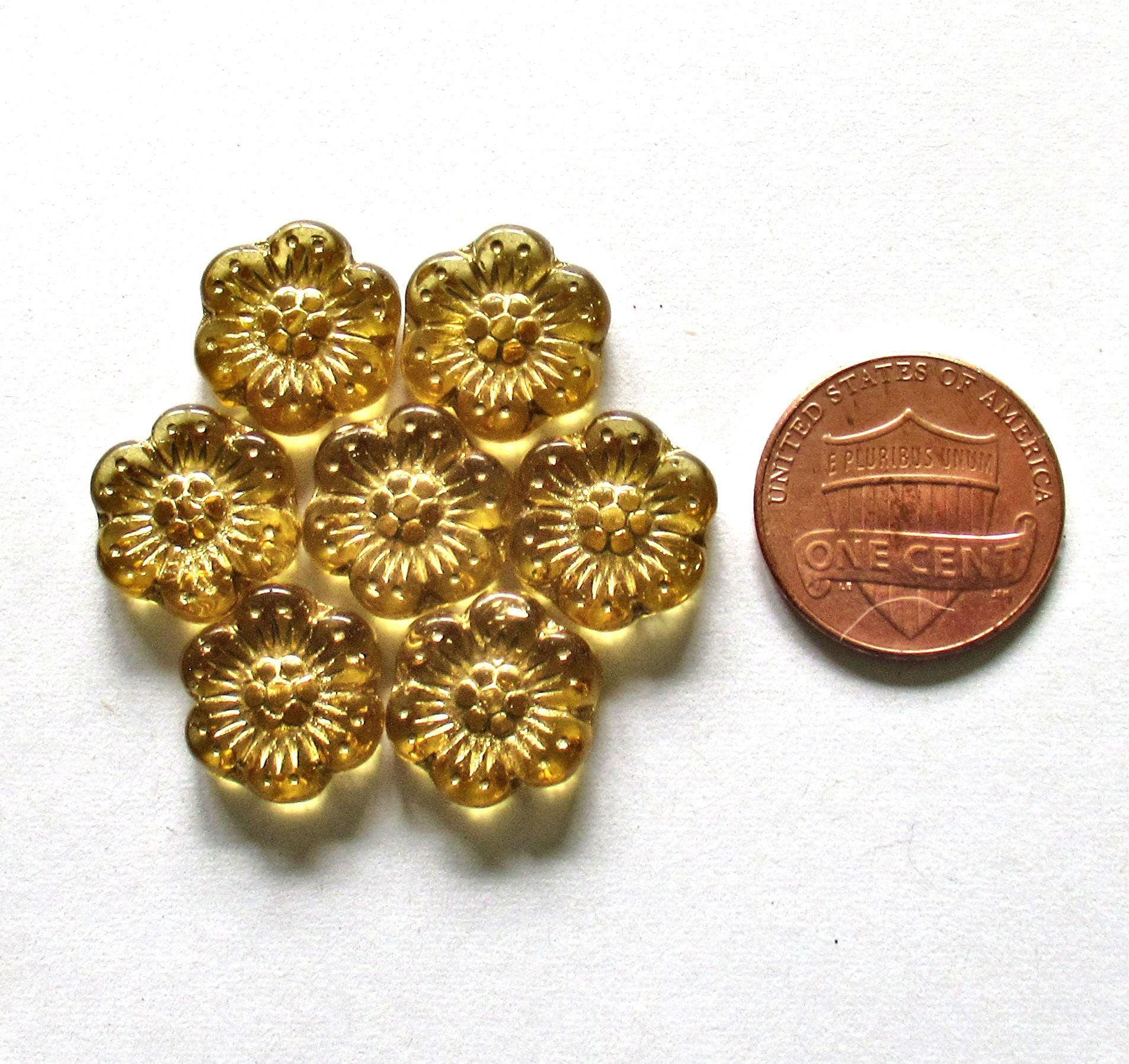 Ten Czech glass wild rose flower beads - 14mm - transparent amber with a gold wash - C00131