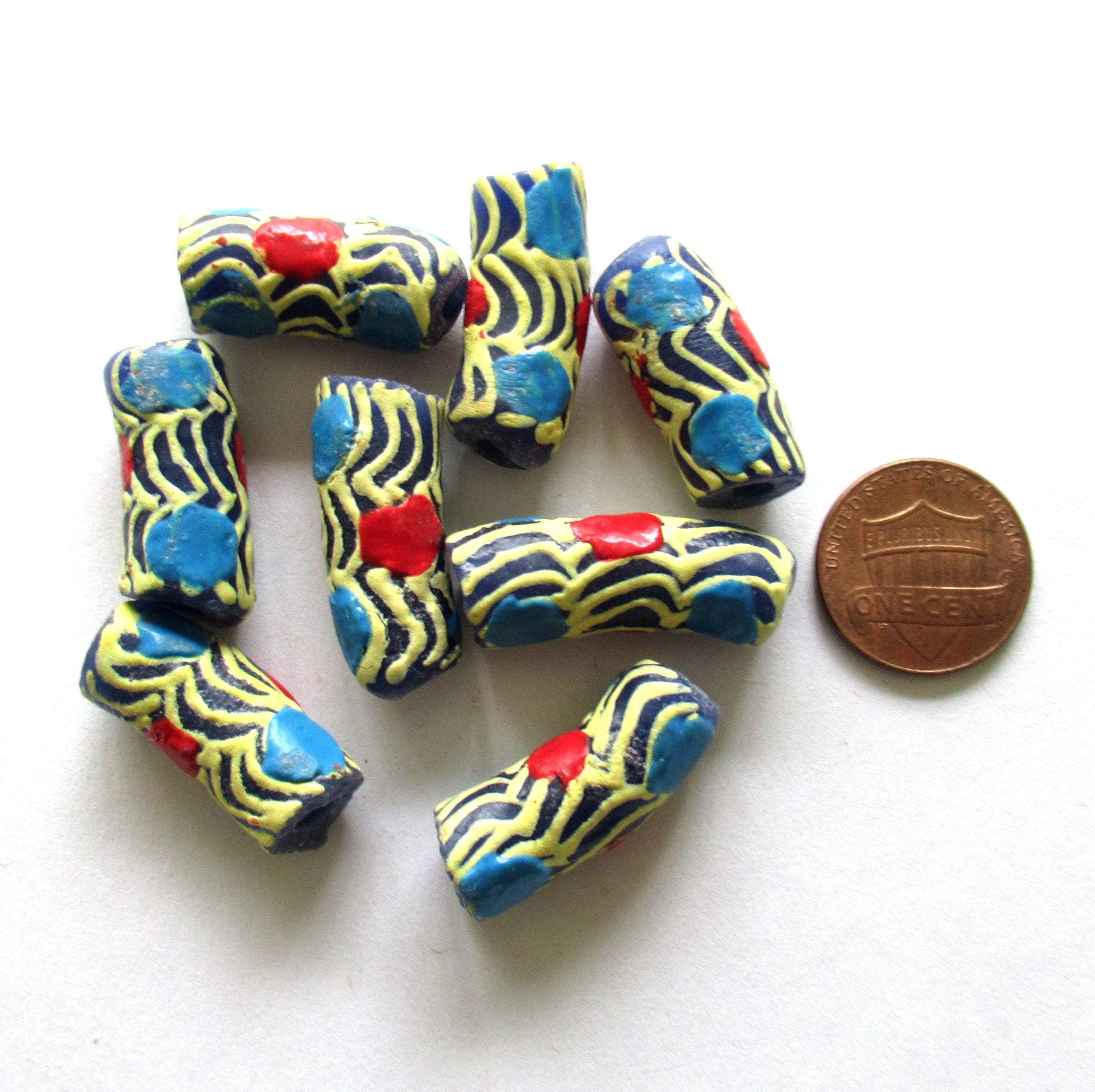 5 African Ghana glass curved tube beads - blue beads w/ a blue red & yellow pattern- 27 - 23mm by 9 - 11mm - big hole beads - C00861