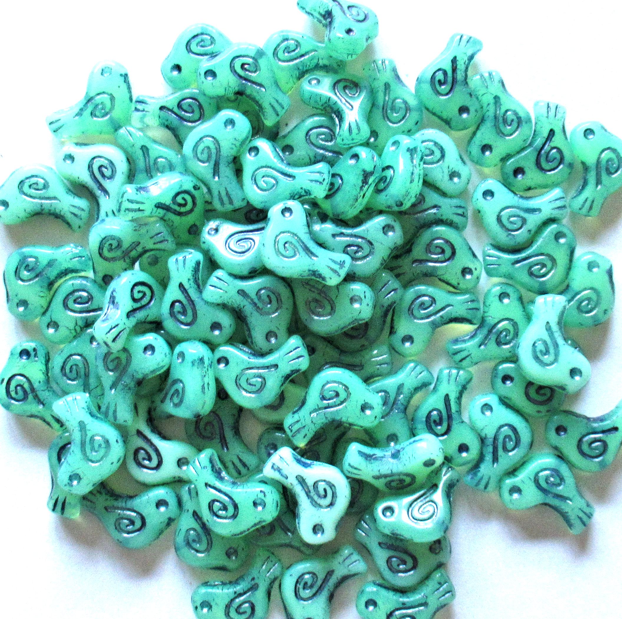 8 Czech glass bird beads - 12 x 16mm - translucent green opal with a blue wash - Vaseline / uranium glass beads C0621