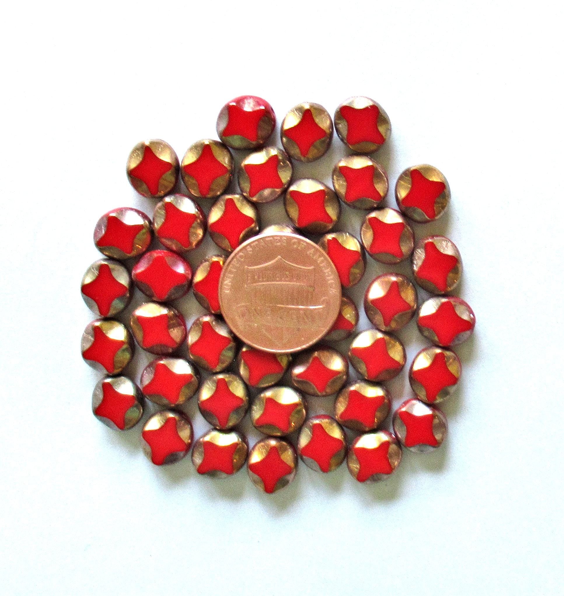 10 Czech glass oval beads - 9 x 8mm - red oval with gold accents - carved table cut beads with a diamond pattern - C00121