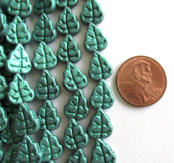 Lot of 25 Czech glass leaf beads - matte metallic suede leafy green beads - 8 x 10mm leaves - C0076
