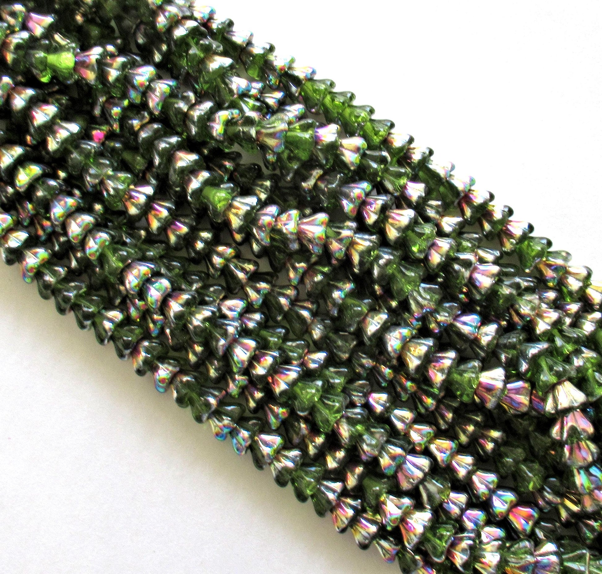 25 Czech glass bell flower beads - olivine green vitrail pressed glass flower beads - 8 x 6mm - C0026 - Glorious Glass Beads