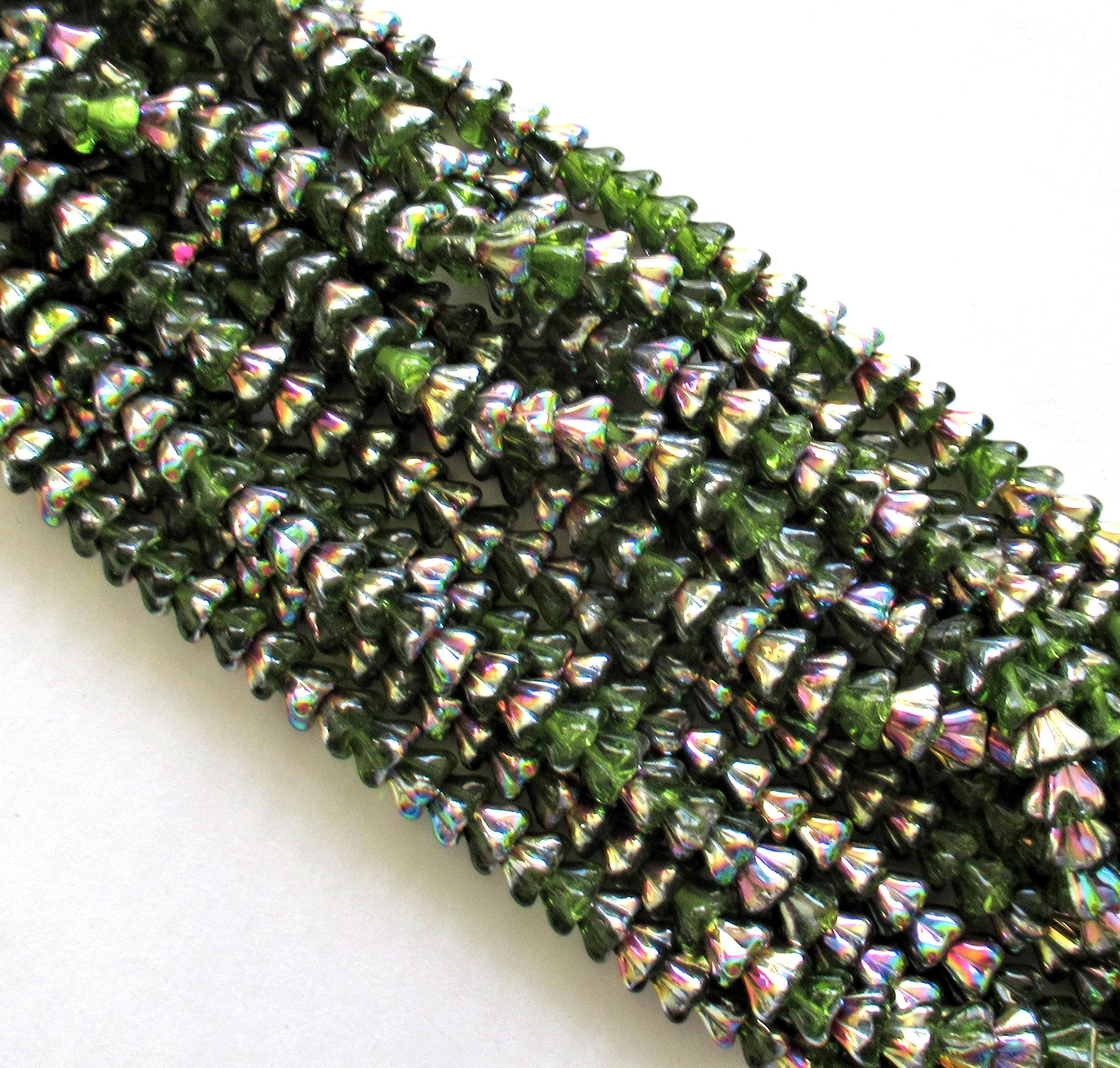 25 Czech glass bell flower beads - olivine green vitrail pressed glass flower beads - 8 x 6mm - C0026 - Glorious Glass Beads