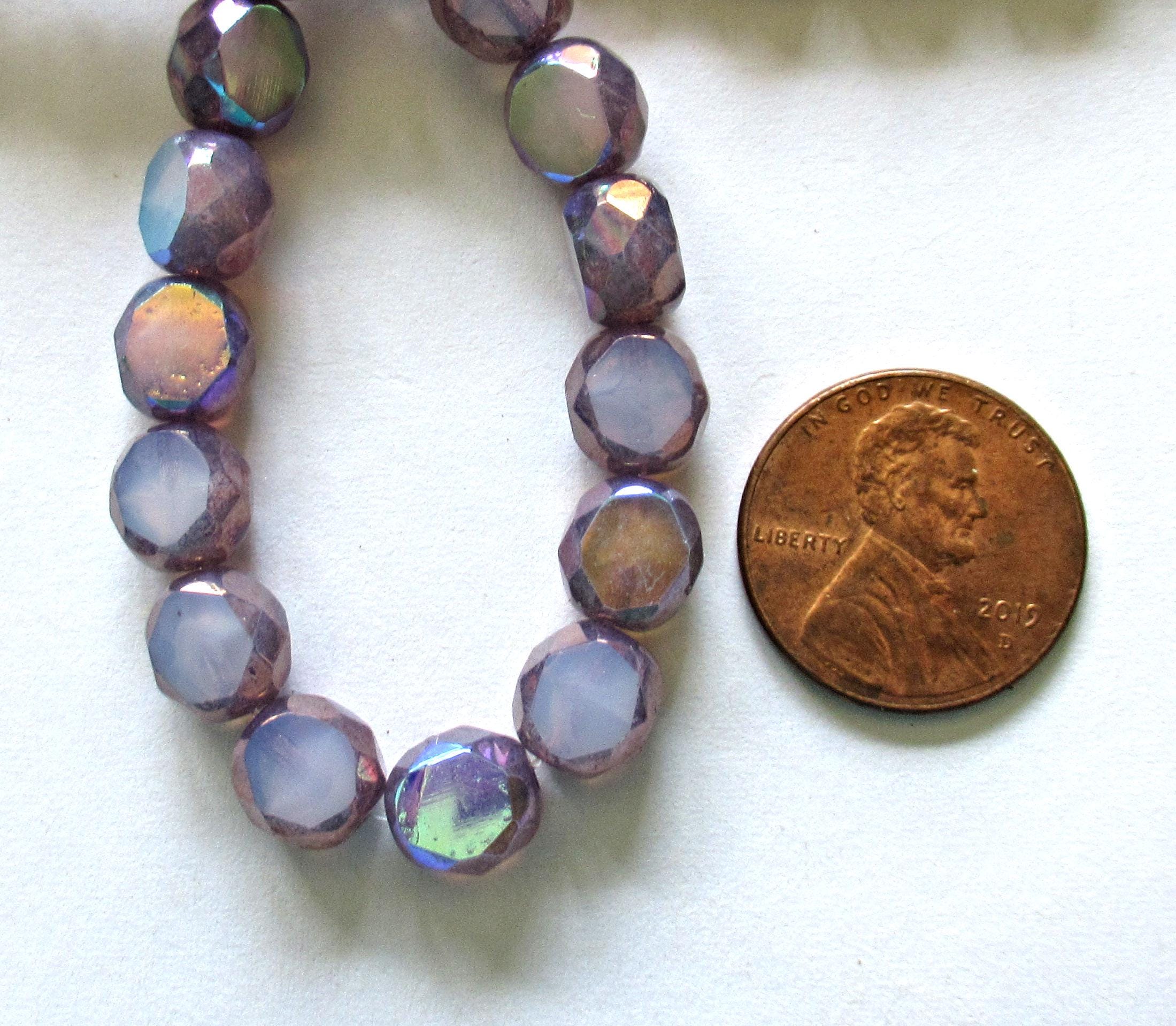Dual faceted Czech glass beads - 8mm - translucent lavender AB w/ bronze accents - 2 cut table cut - thick window beads - 10 pcs - 00081