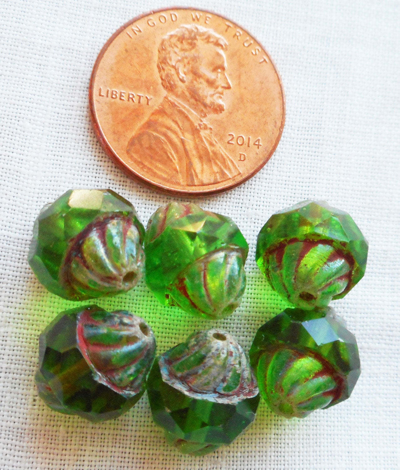 Ten 11 x 10mm Czech glass turbine beads, Pierdot or Light Emerald Green with a Picasso finish, saturn beads C80101