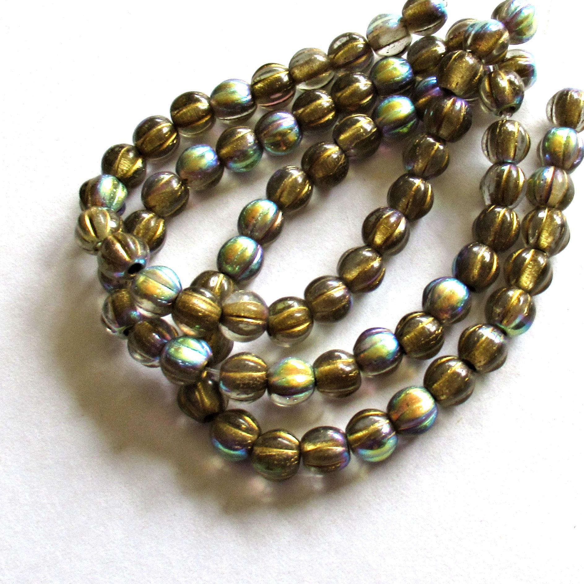 25 6mm Czech glass big hole melon beads - 6mm - gold lined clear with a gold wash and AB finish - C0089