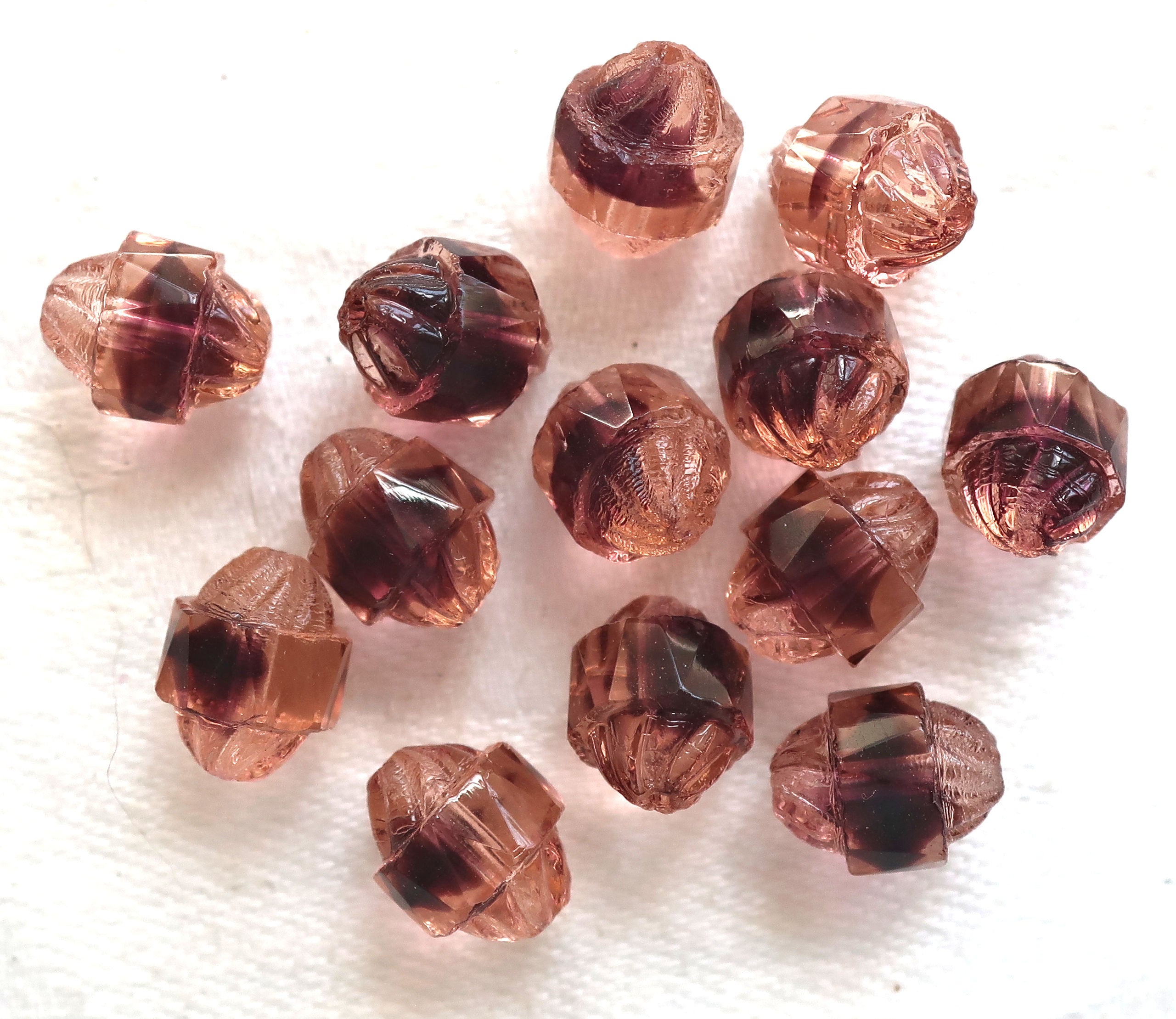 Lot of ten Czech glass antique cut turbine beads, 10 x 8mm transparent purple, amethyst & rosaline pink mix beads 7801