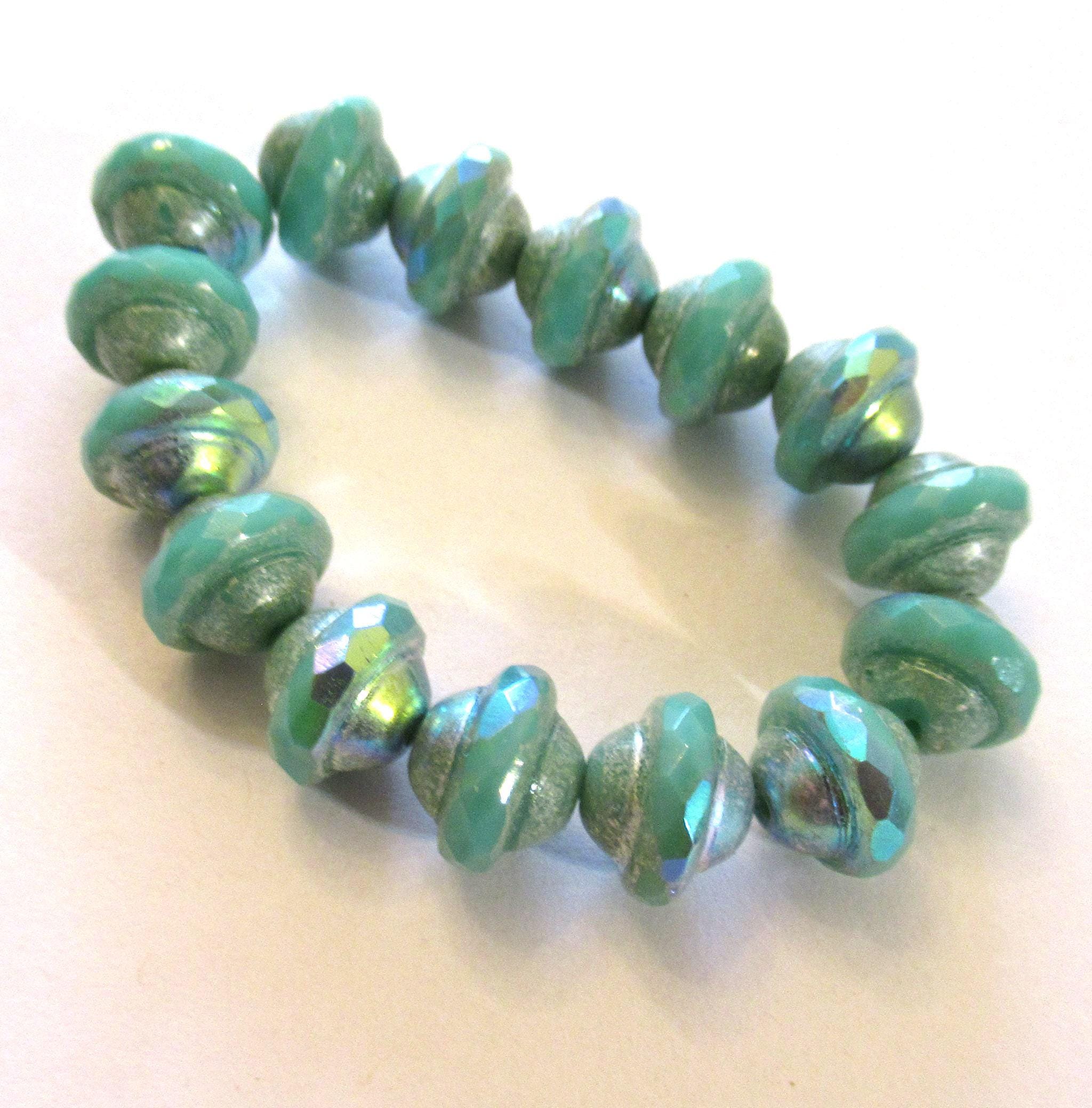 15 Czech glass saturn beads - opaque sea green beads w/ silver & ab accents - faceted saucer beads - 00542