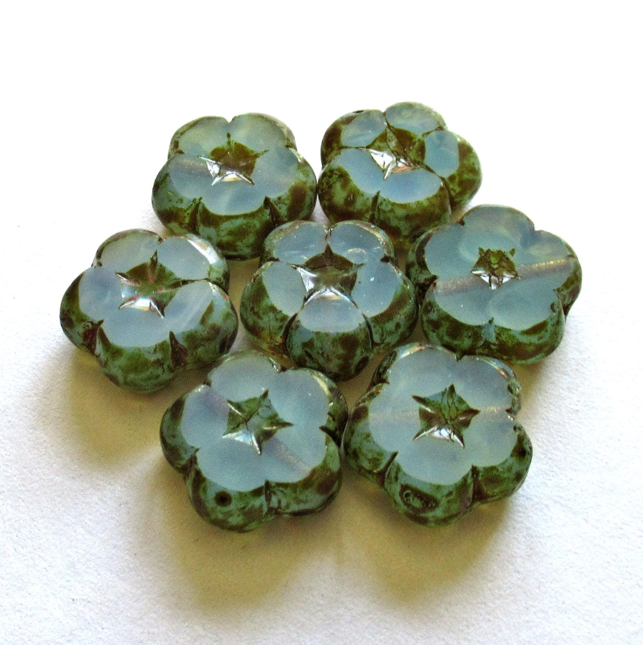 Six Czech glass flower beads - 14mm - translucent milky seafoam green w/ picasso accents - table cut carved - C00541