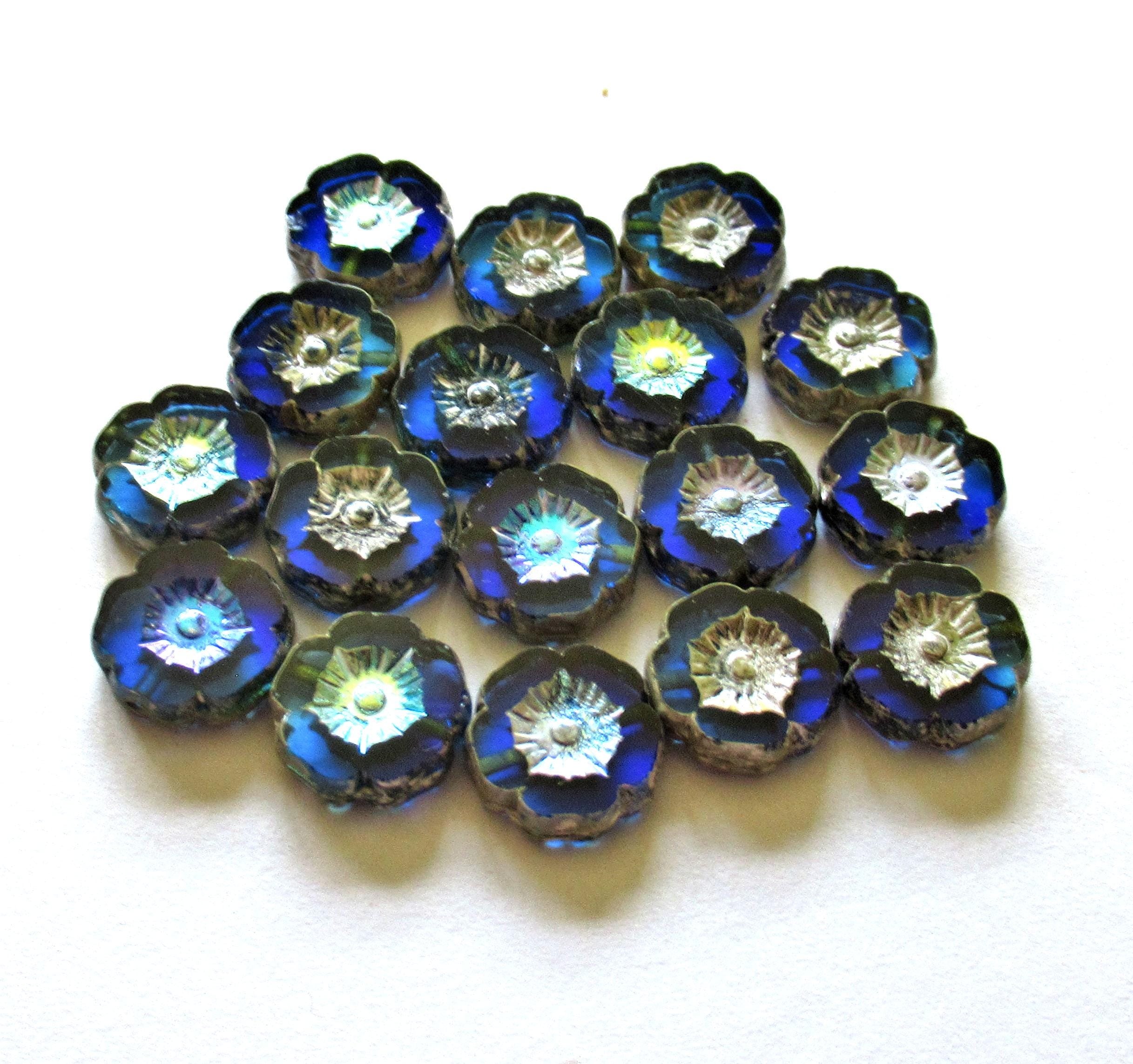 Czech glass flower beads - 12mm - sapphire & aqua blue AB w/ silver accents - table cut Hawaiian hibiscus flowers - 8 beads - C00042