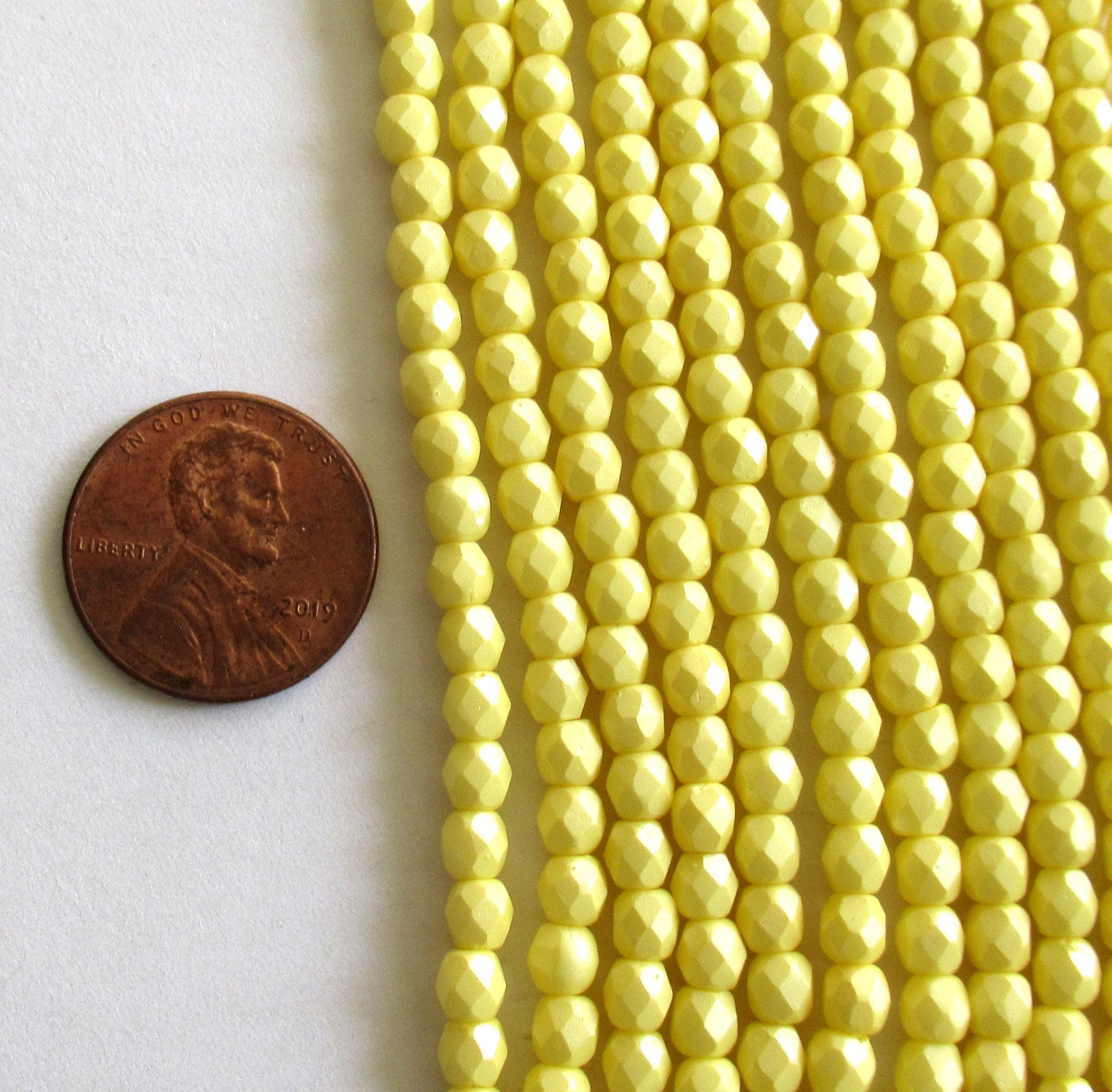 50 4mm Czech glass beads - opaque bright Powdery Pastel Yellow - fire polished faceted round beads - C0018 - Glorious Glass Beads